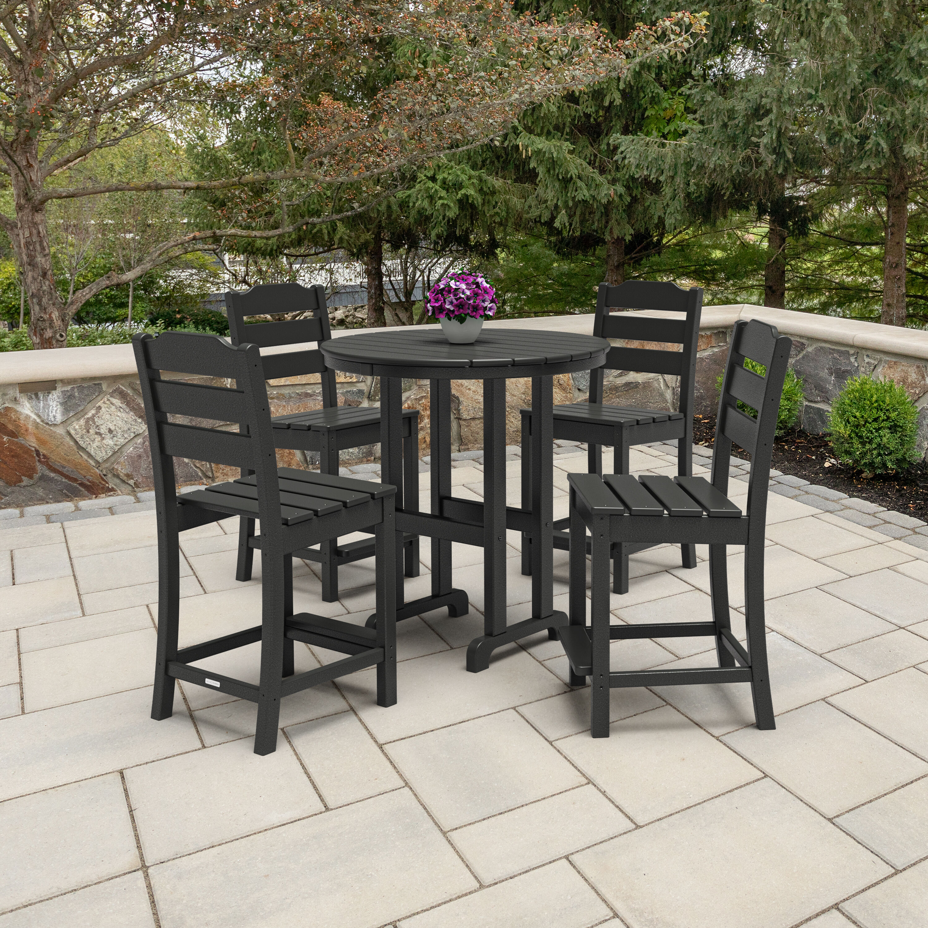 POLYWOOD PWS2542-1-BL Oakport 5 -Piece Black Balcony Height Patio Dining Set Plastic Round Table with 4 Stationary Chairs