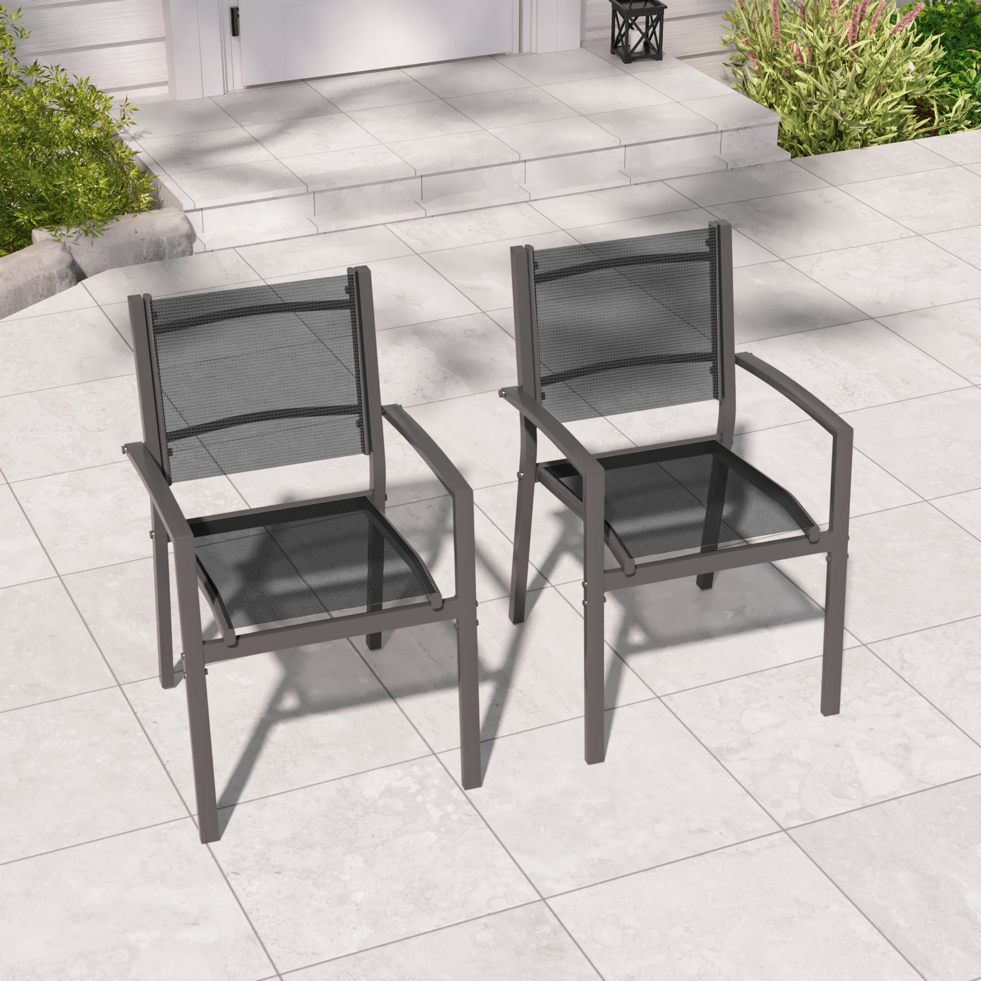 ACEGOSES LW-DS-265-BK Skytop Set of 2 Stackable Dark Brwon Steel Frame Stationary Dining Chair with Black Mesh Seat