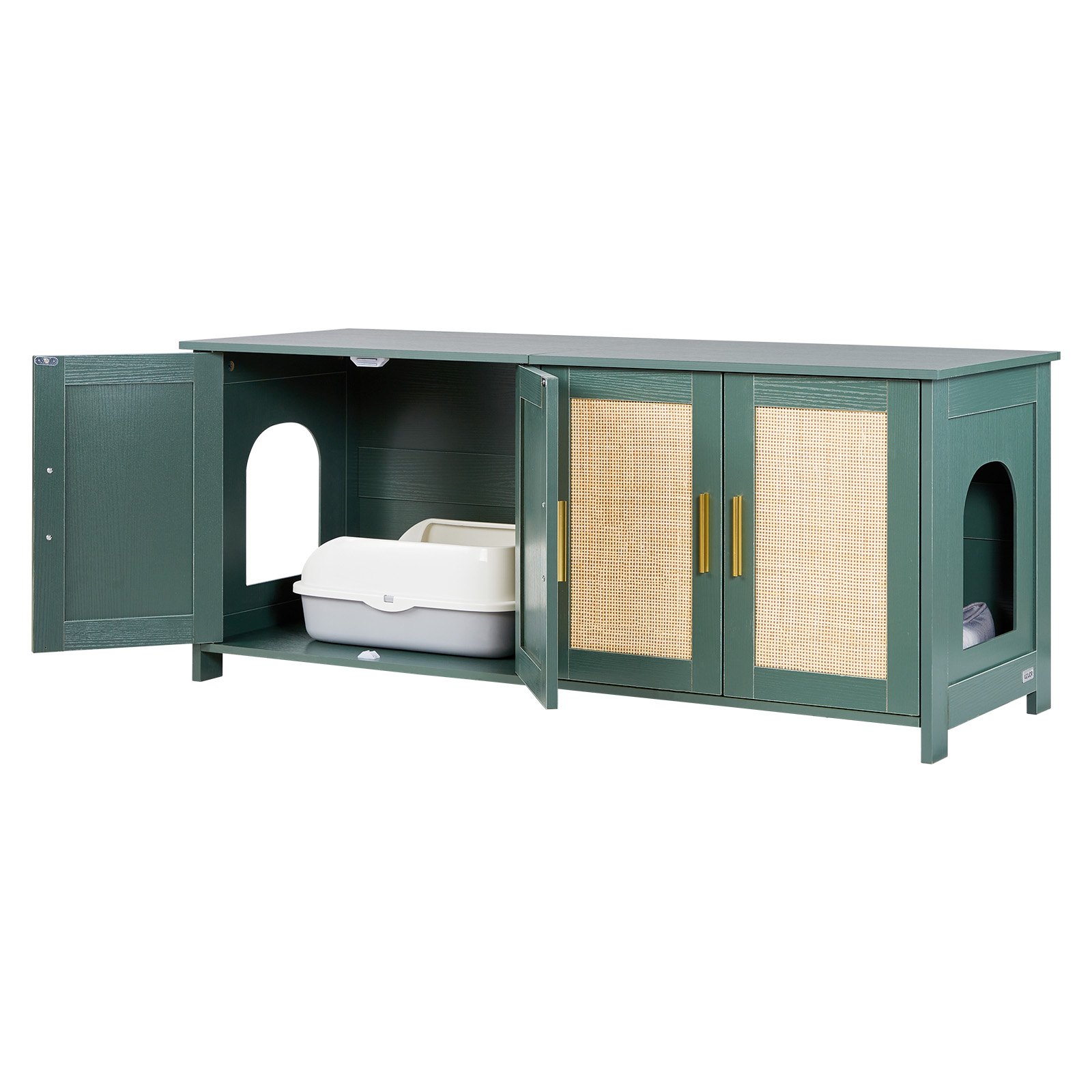 Slickblue Retro Green Hooded Cat Litter Box Enclosure Furniture with Rattan Doors 4 Door Hidden Cat Washroom Cabinet