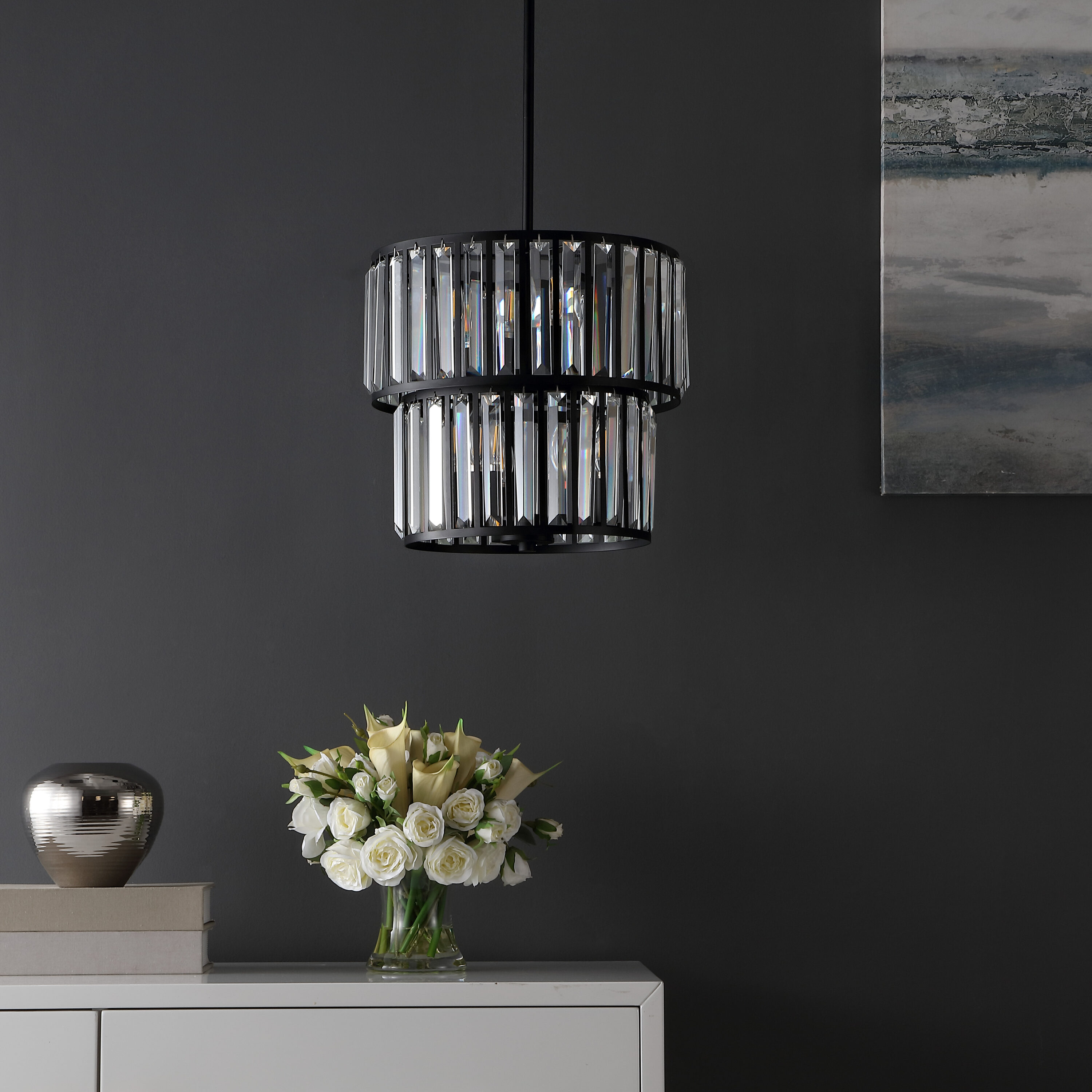 Shimmering Decadence 53'' Tiered Black Crystal Plug-in Chandelier