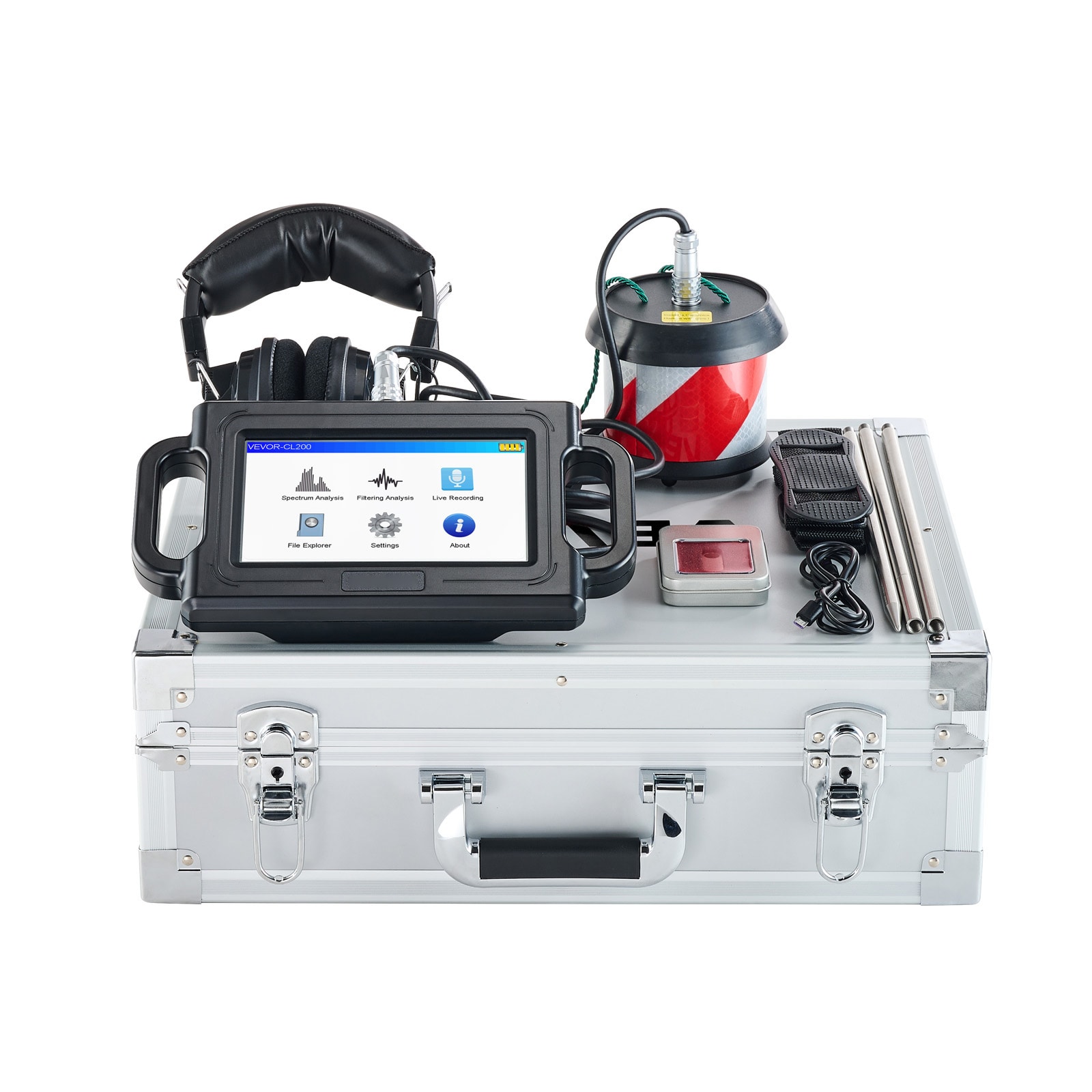 VEVOR Pipe Water Leak Detector 1Hz-5000Hz  7in Touchscreen Pipeline Leakage Detection Locator for 6.6FT (2m) Underground Plumbing-with Sensor 3 Listening Rods Headphones 8GB Card and Carry Case