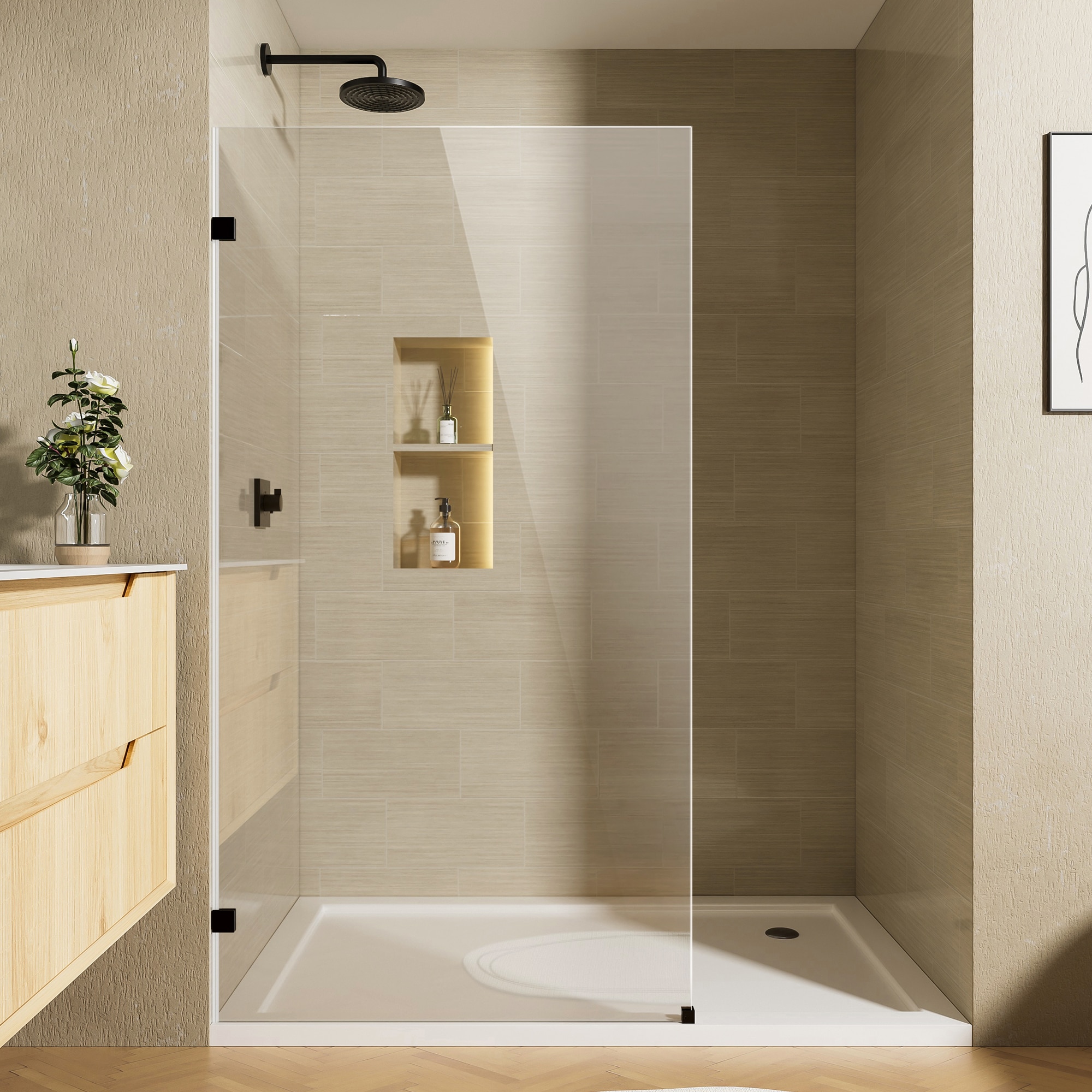 Tinyhomie 36in W x 68in H Bathroom Shower Door Frameless Fixed 3/8in (10mm) Thick Clear Tempered Glass Door Panel Matte Black Clamp Hardware