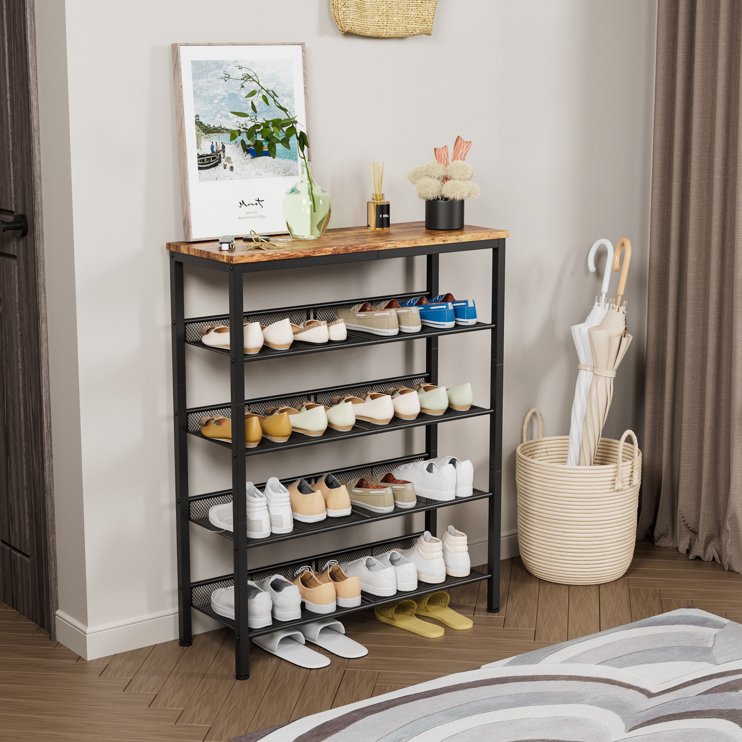 Boho Havens Rustic Industrial Brown Wood and Metal Shoe Storage Organizer