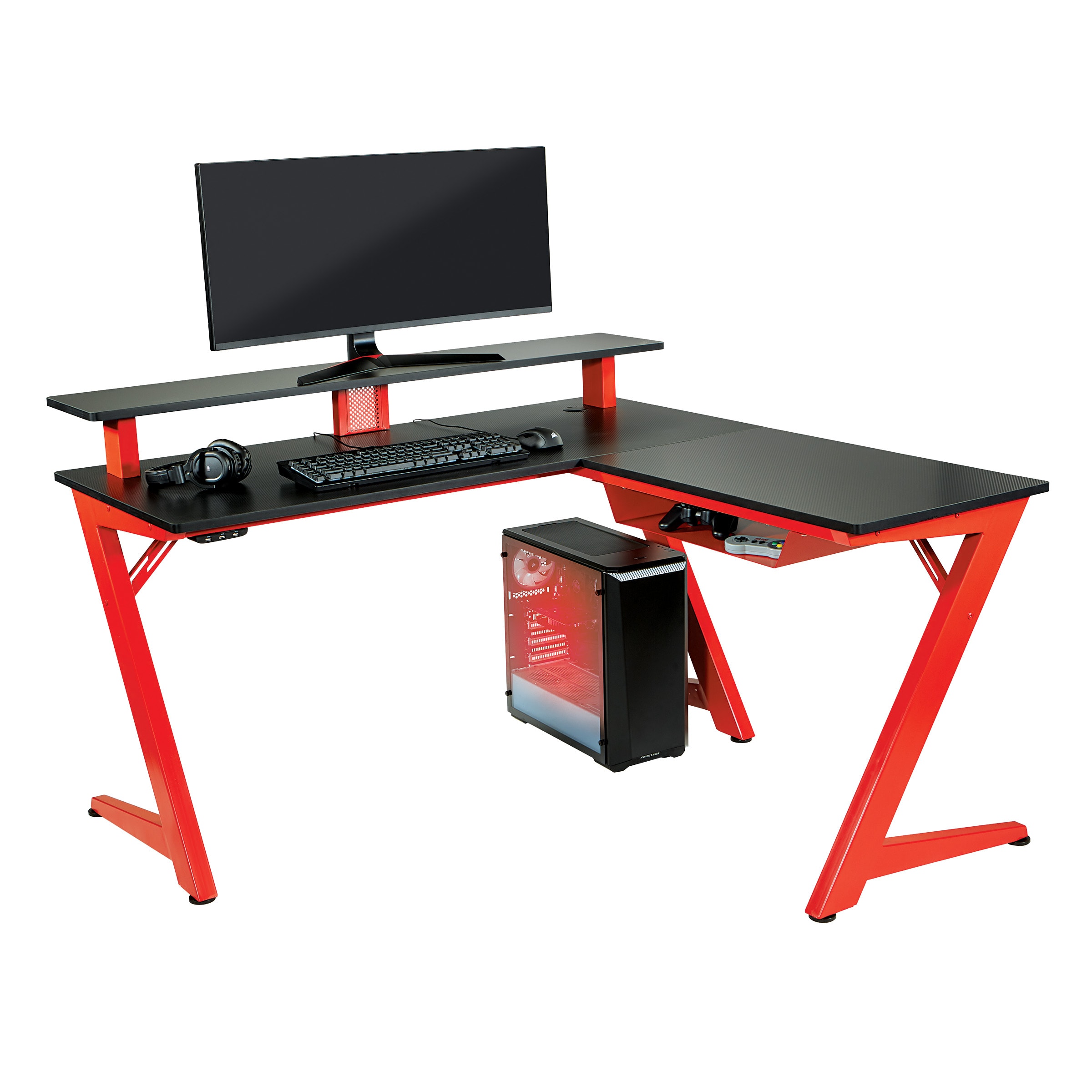 Black L-Shape Gaming Desk with Integrated Power Outlet, USB, and Headphone Hook