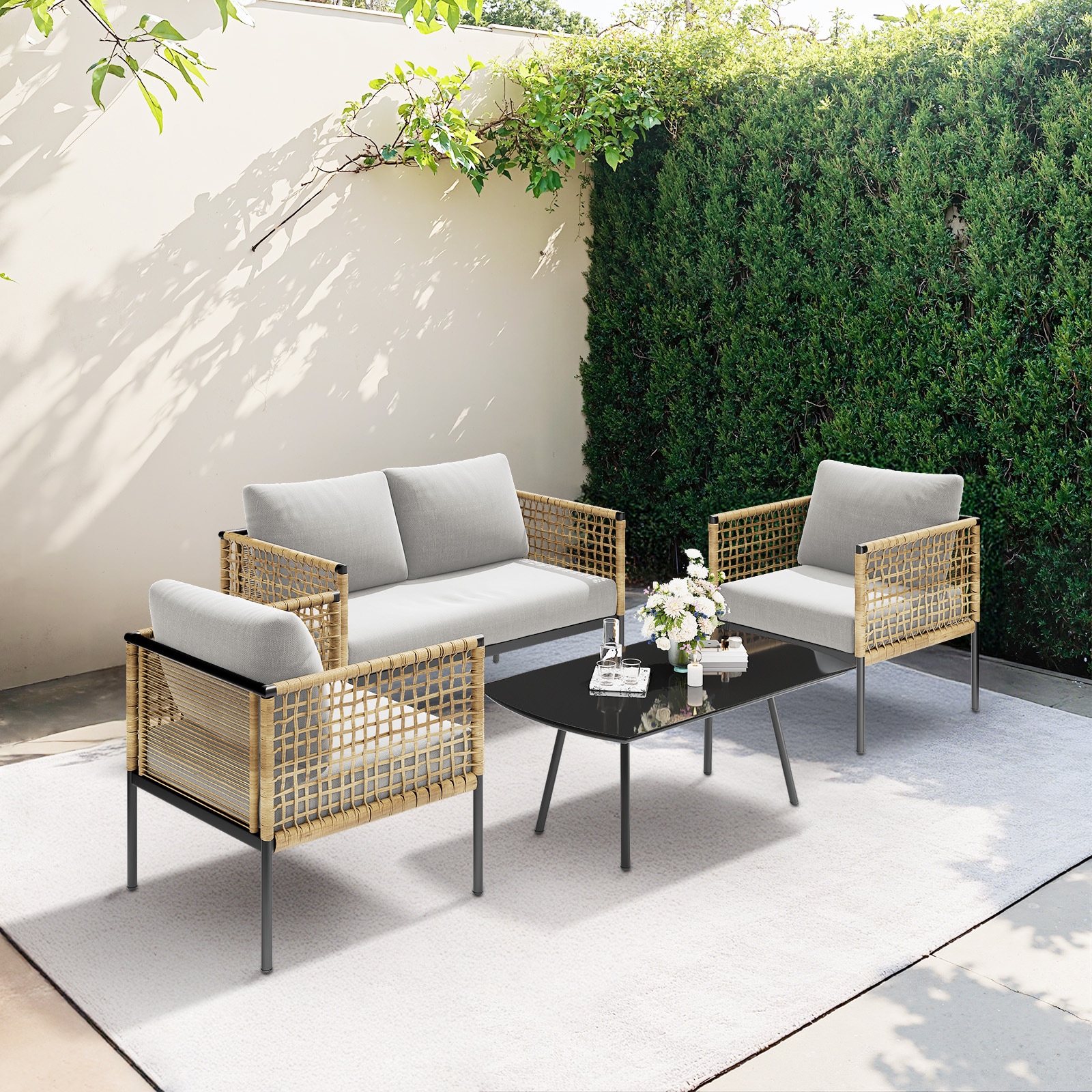 VOUA 4YTSF-CR Patio 4 -Piece Patio Conversation Set with Brown Cushions