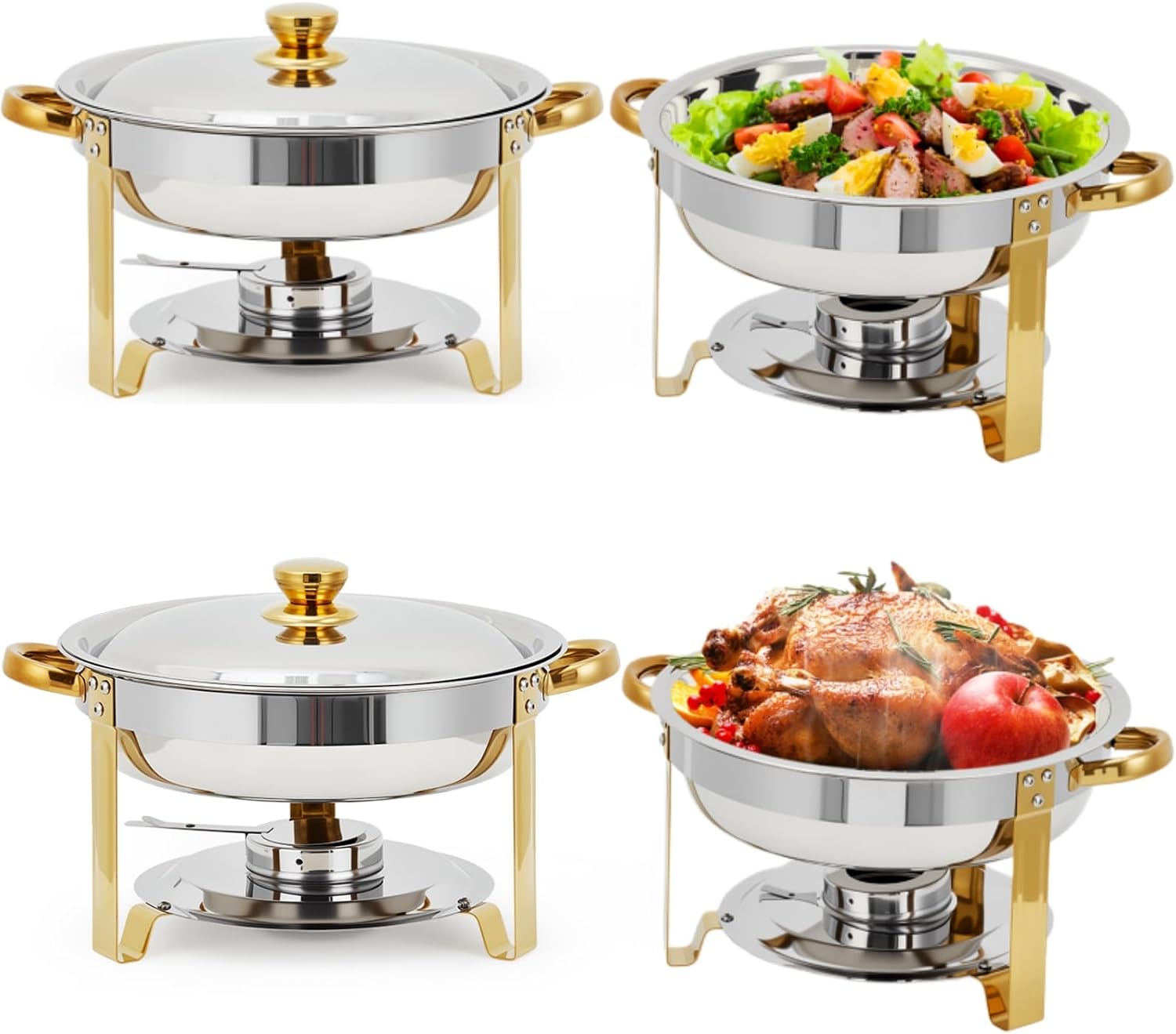 GAOMON 4-Pack 5-Qt Round Stainless Steel Chafing Dishes with Lids Water Pans and Fuel Holders Gold #CQC-YH6CEQANV1N