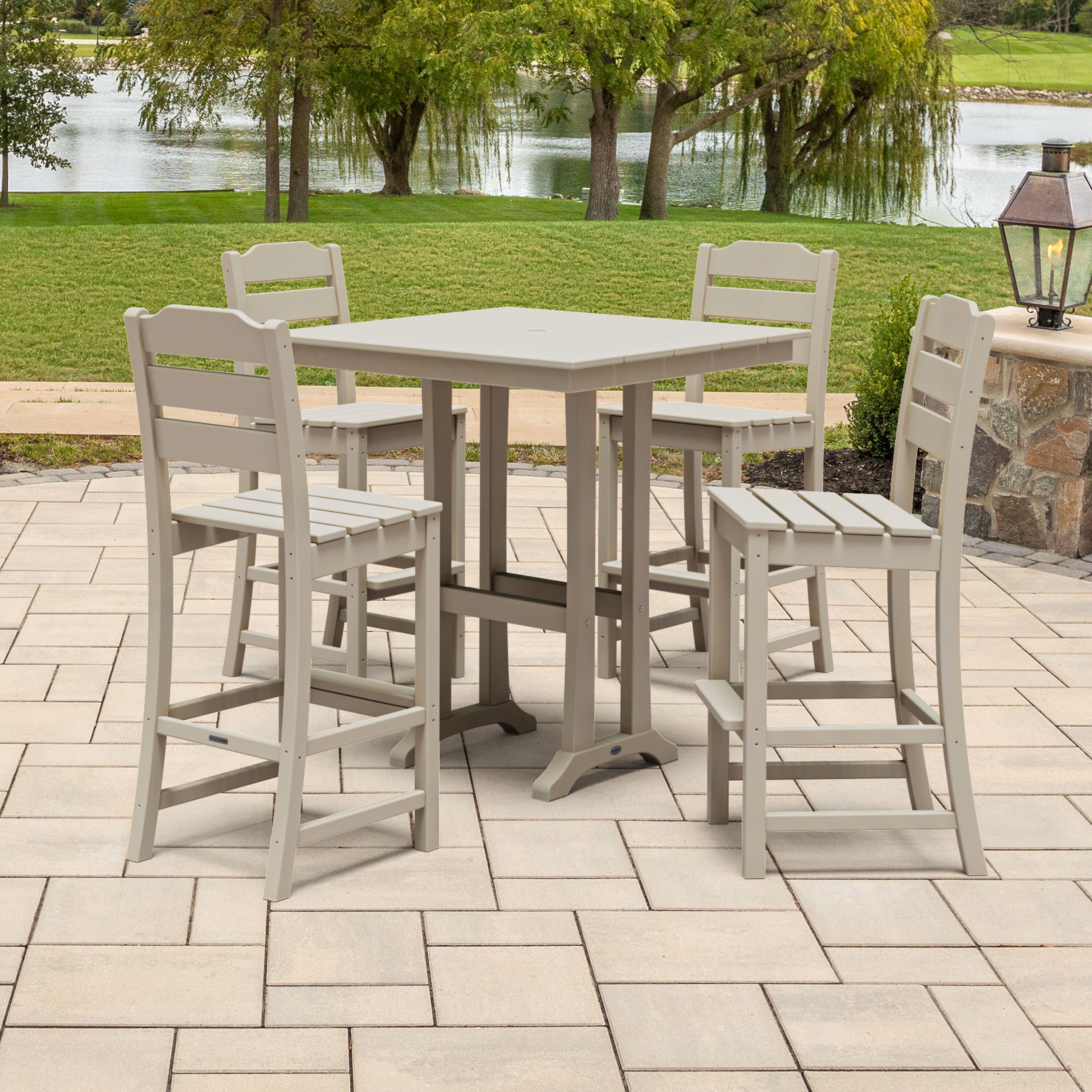 POLYWOOD PWS2538-1-SA Oakport 5 -Piece Sand Bar Height Patio Dining Set Plastic Square Table with 4 Stationary Chairs
