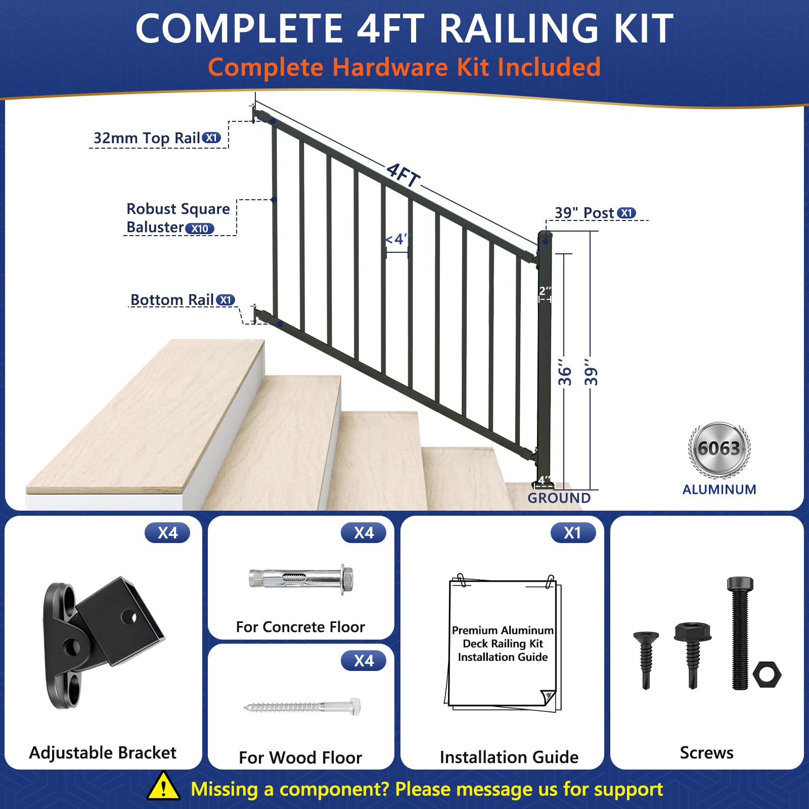 Anqtovp 1 Pack Aluminum Stair Railing Kit 4 Foot Wide 36 Inch High ...