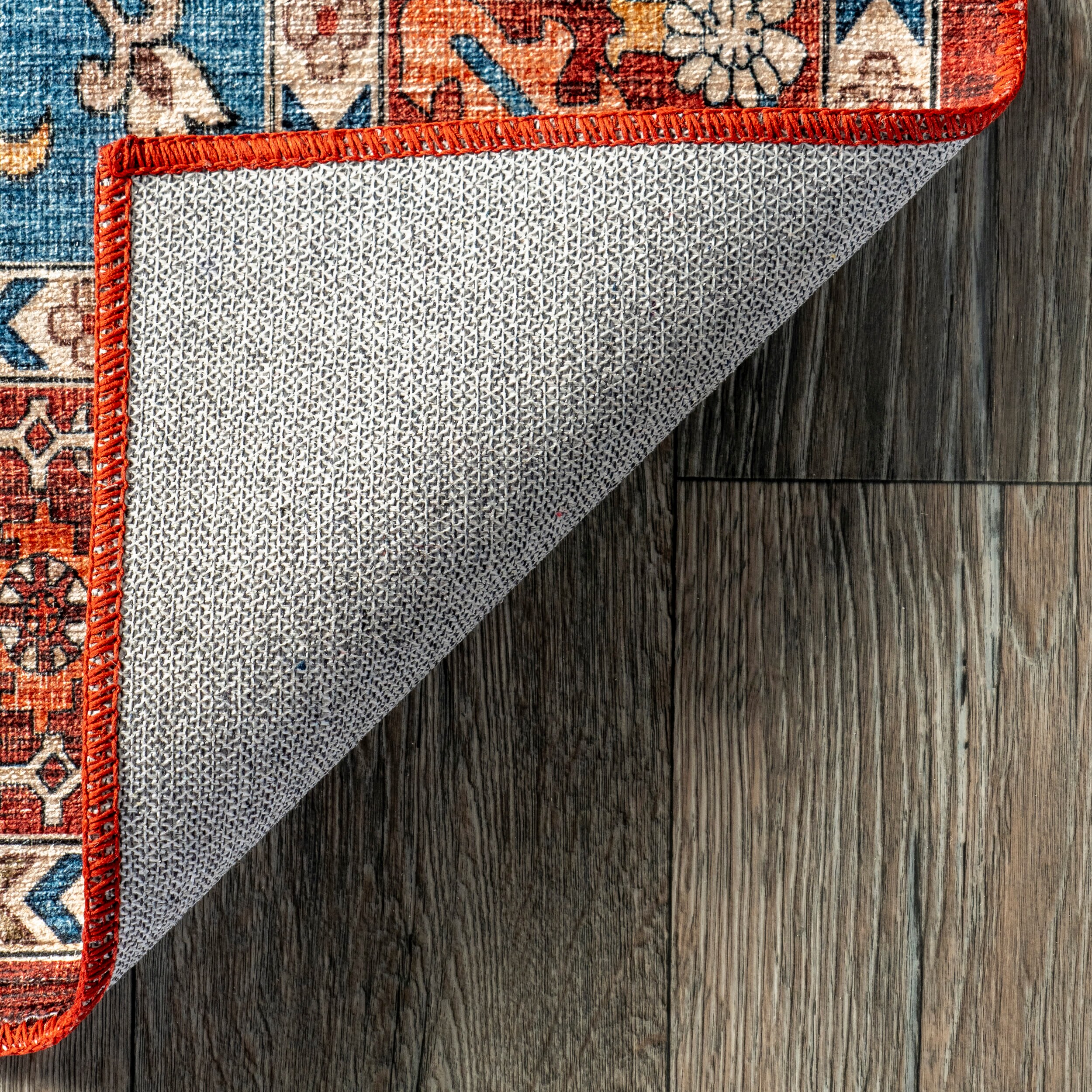 Hera Blue and Red Medallion Washable Synthetic Area Rug