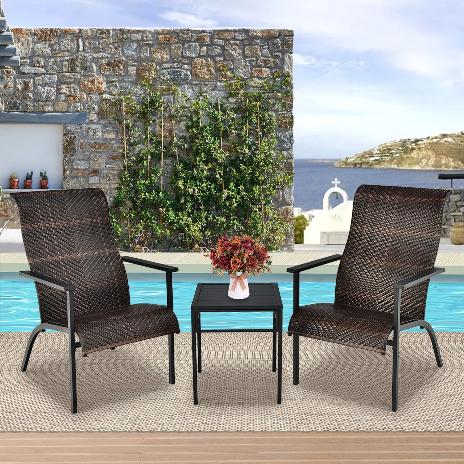 Brown PE Rattan and Steel 3-Piece Outdoor Bistro Set
