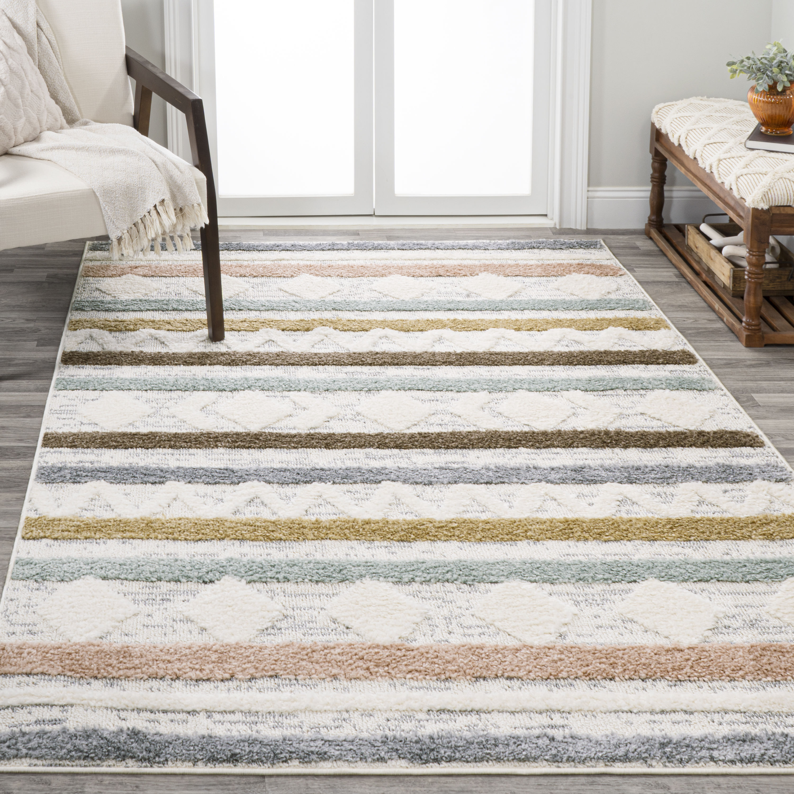 Gray and Multicolor Striped Synthetic 4' x 6' Area Rug