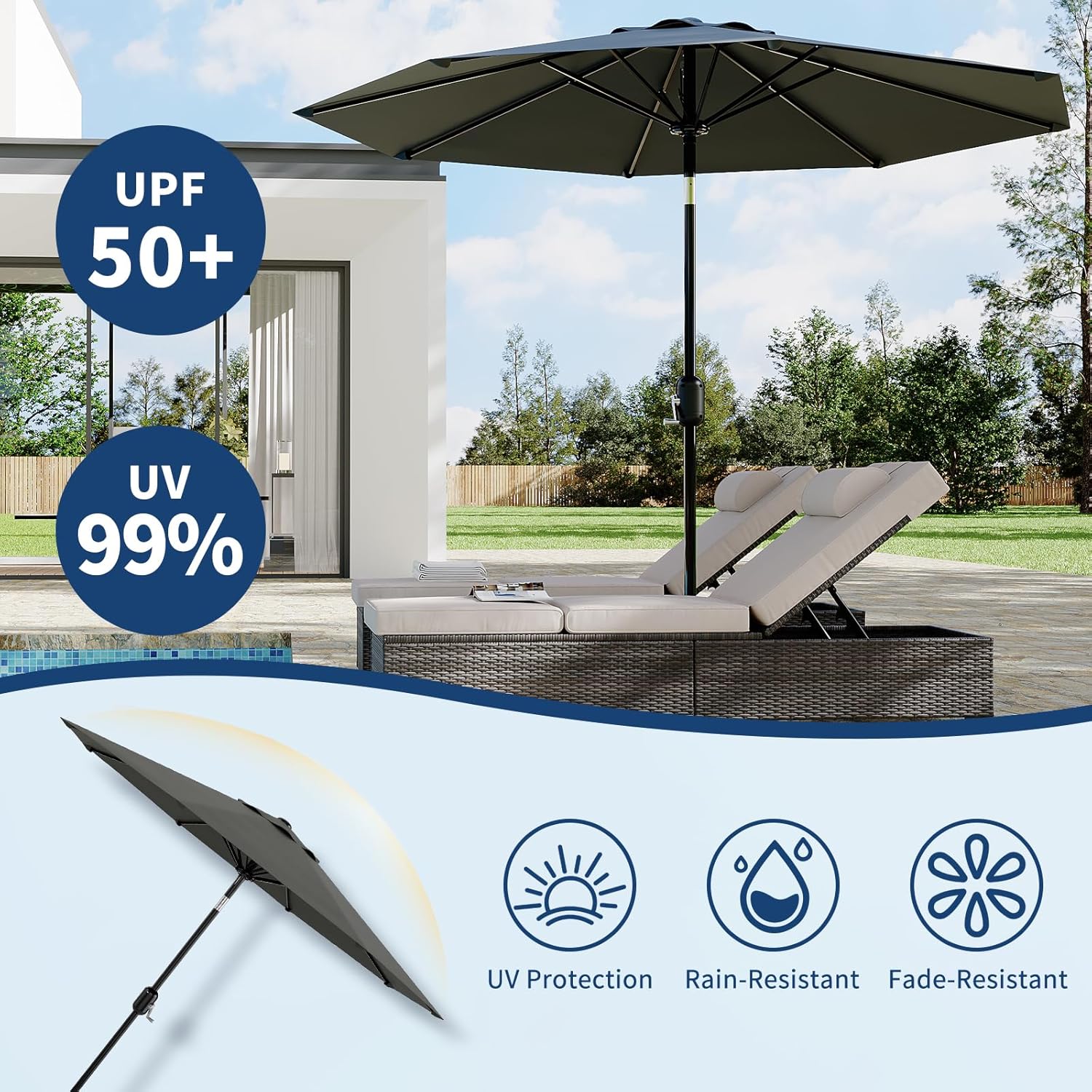 IdealHouse 10Ft Patio Umbrella 8 Sturdy Ribs Outdoor Table Umbrella ...
