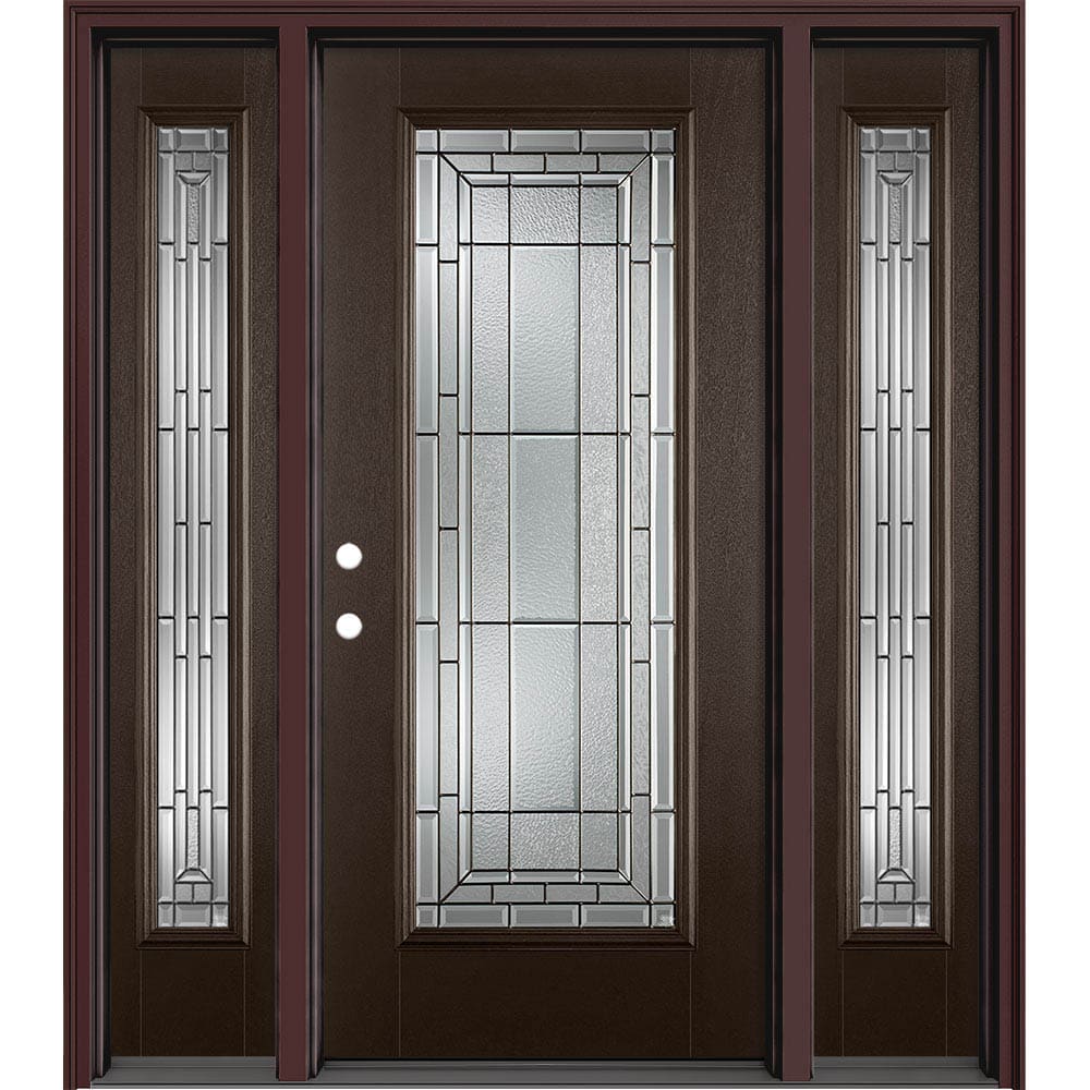 Masonite 631233 Sequence 64-in x 80-in x 4-9/16-in Fiberglass Full lite Right-hand inswing Walnut Painted Prehung Slab Front Door with Sidelights with Brickmould Insulating core