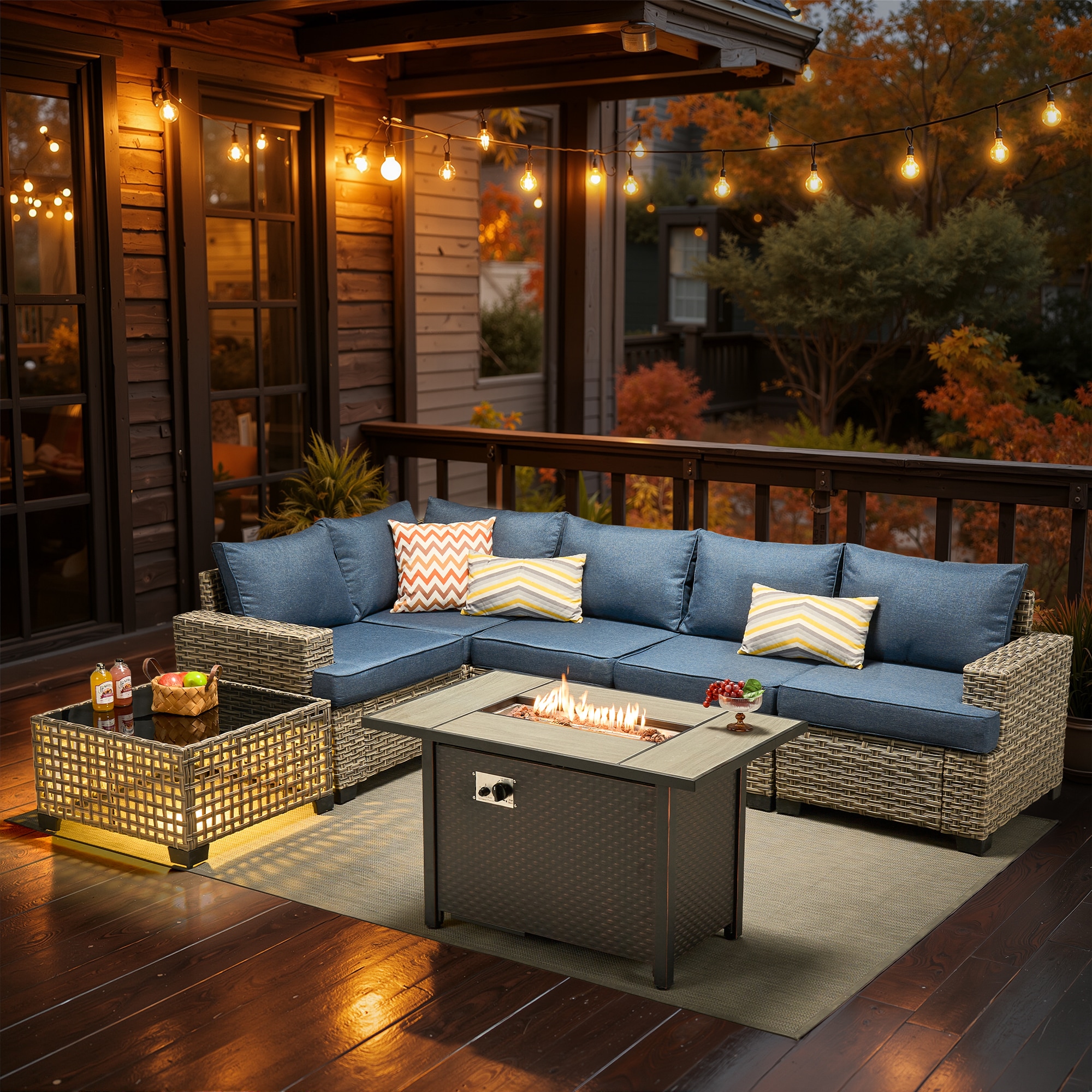 XIZZI XITBS5073A-IFP Agate Rattan Outdoor Sectional with Blue Cushions and Steel Frame