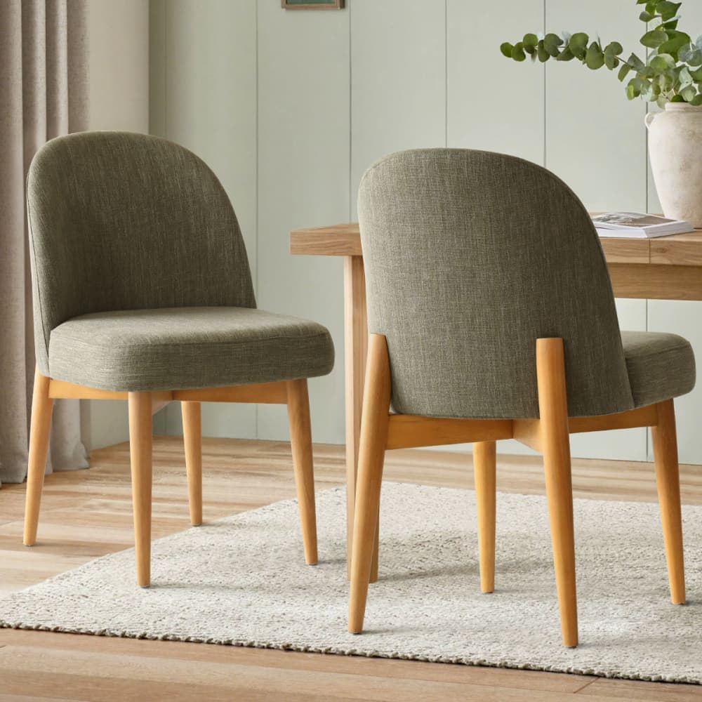 Maison Boucle HAVANA-WOOD-GREEN2 Set of 2 Green Linen Modern Accent Dining Chairs with Padded Seat Solid Wood Legs for Dining Room