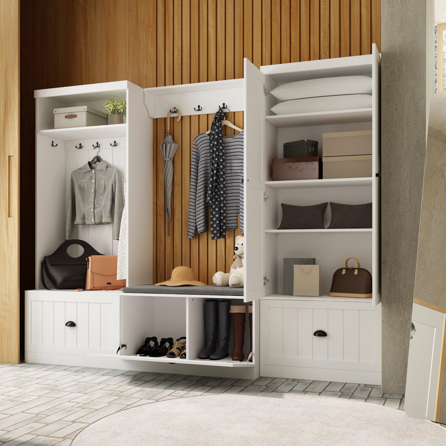 FUFU&GAGA Contemporary 3-Door Wardrobe with 4 Shelves, Unfinished ...