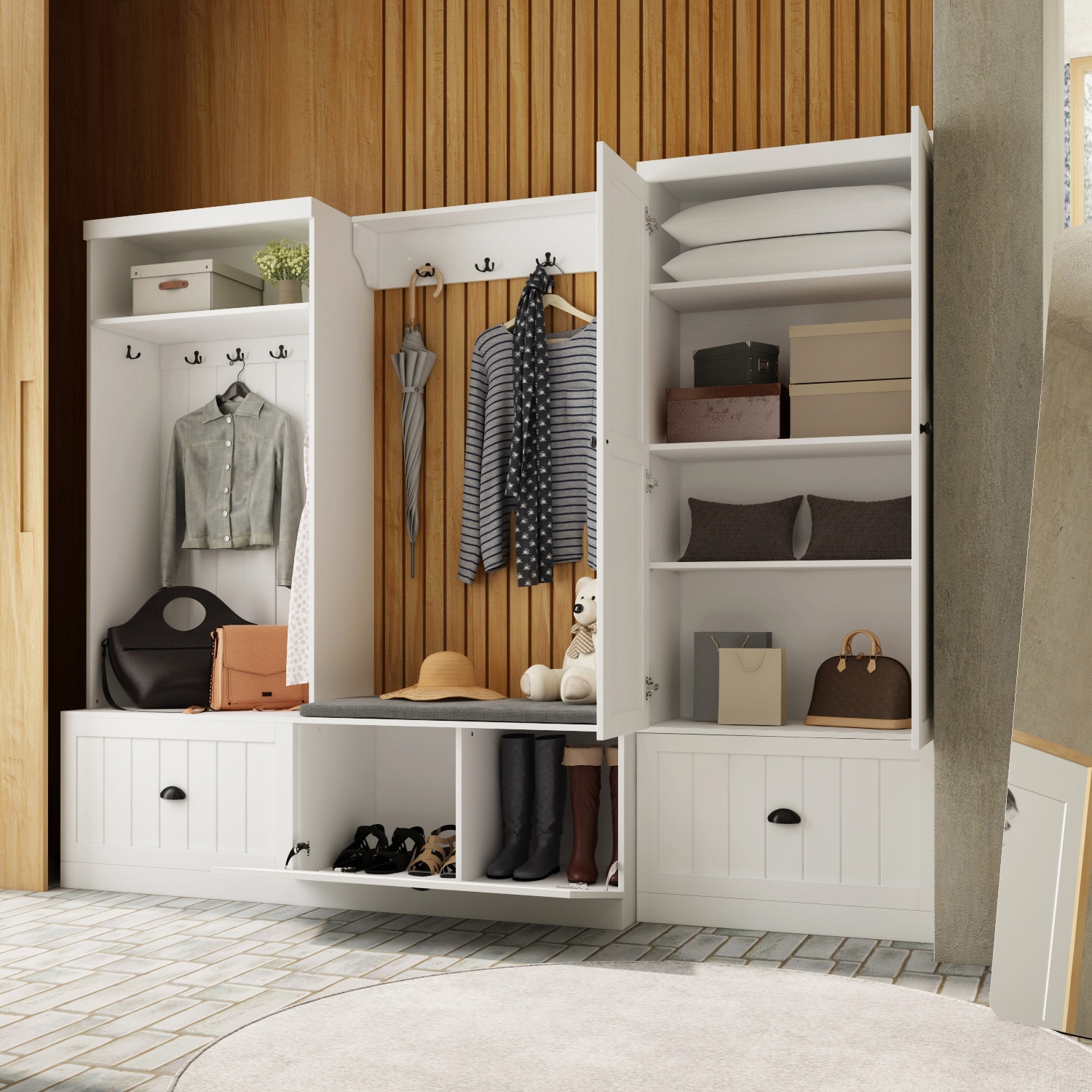 FUFU&GAGA Contemporary 3-Door Wardrobe with 4 Shelves, Unfinished ...