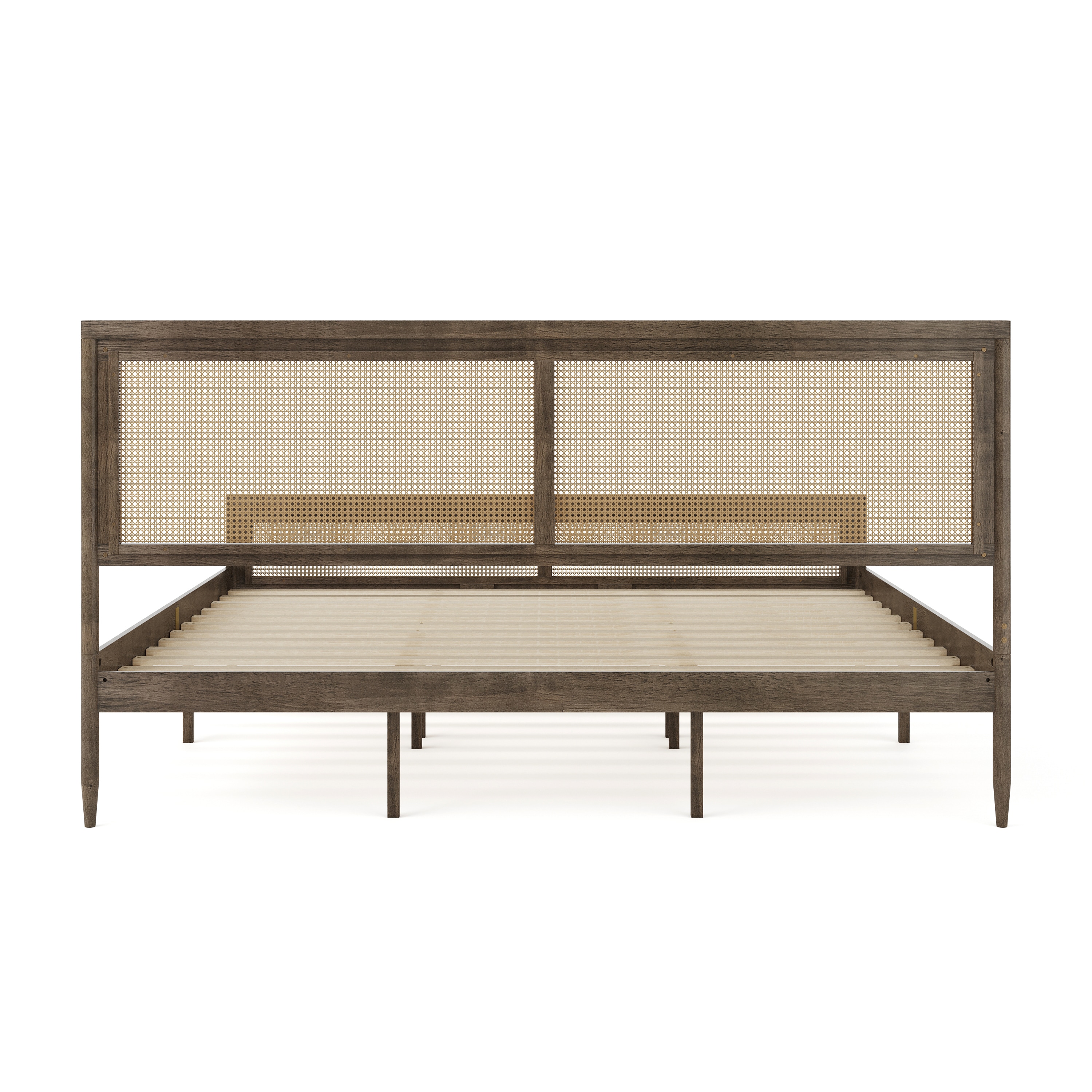 King Brown Gray Wood Frame Platform Bed with Rattan Headboard