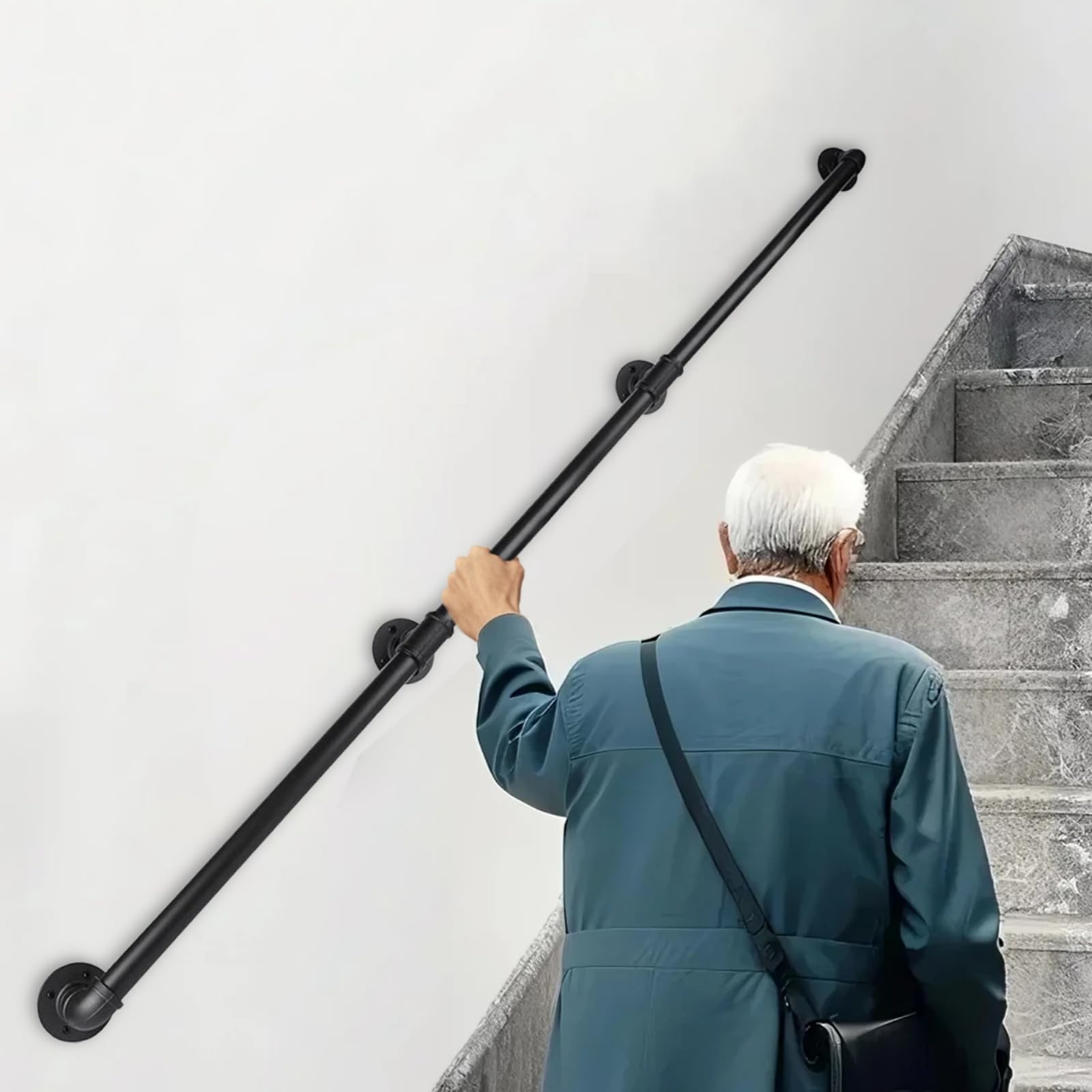 Oyezvary -  12FT Industrial Pipe Stair Railing Indoor Outdoor Wall Mounted Handrail Heavy Duty Me...