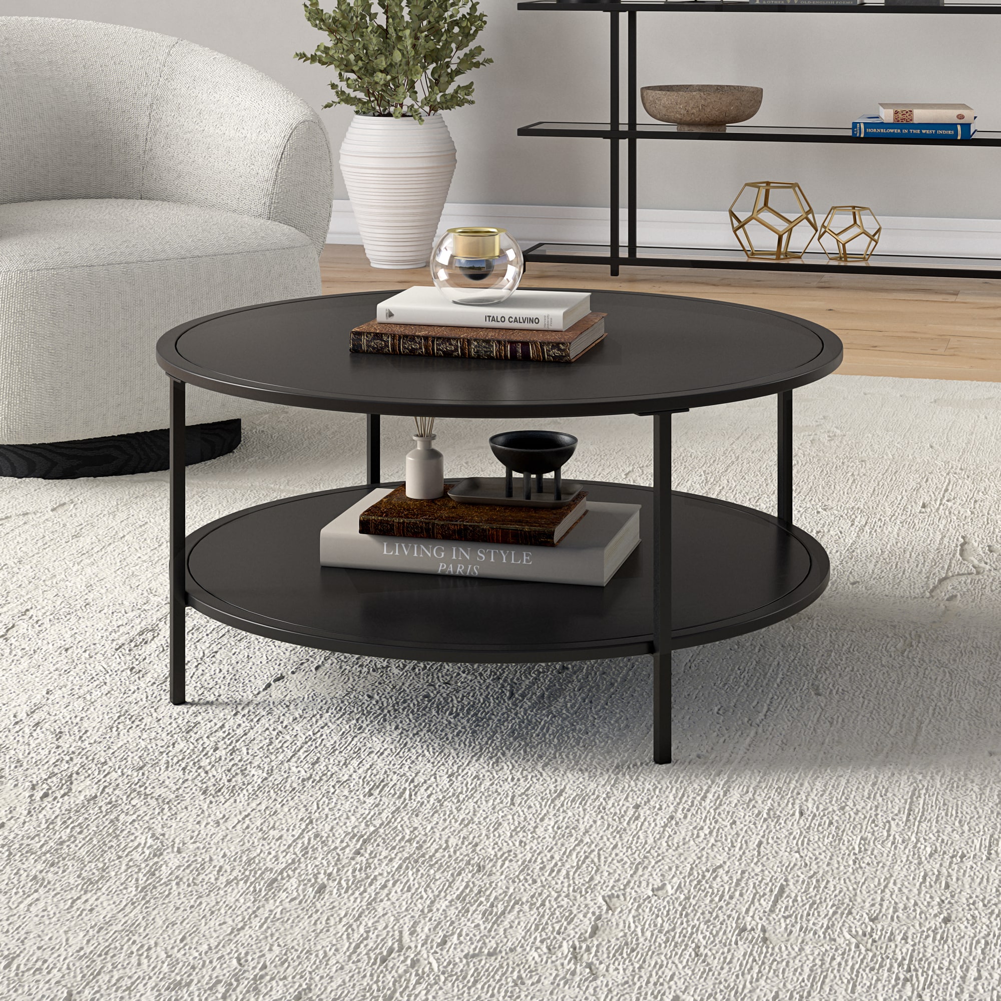 Blackened Bronze Round Metal Coffee Table with Shelf