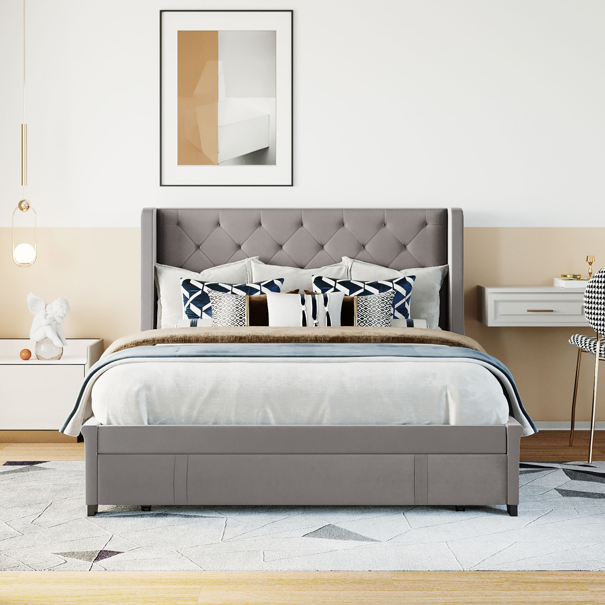 JIMSMAISON JMLFFB01GR Gray Queen Wood Upholstered Bed with Storage