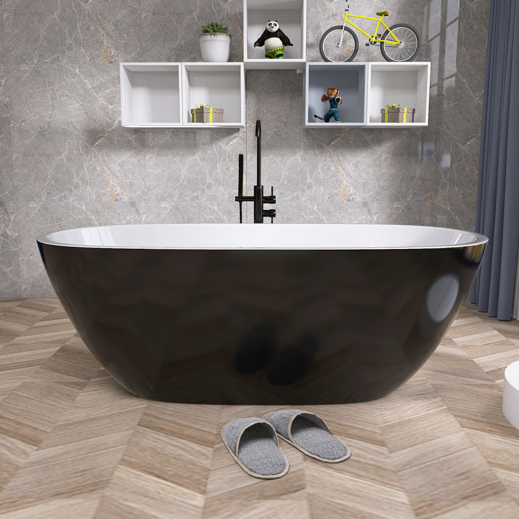 WELLFOR QBT-P307-B55EG 55-in x 29.5-in Glossy Black White Acrylic Oval Freestanding Soaking Bathtub with Drain ( Center Drain )
