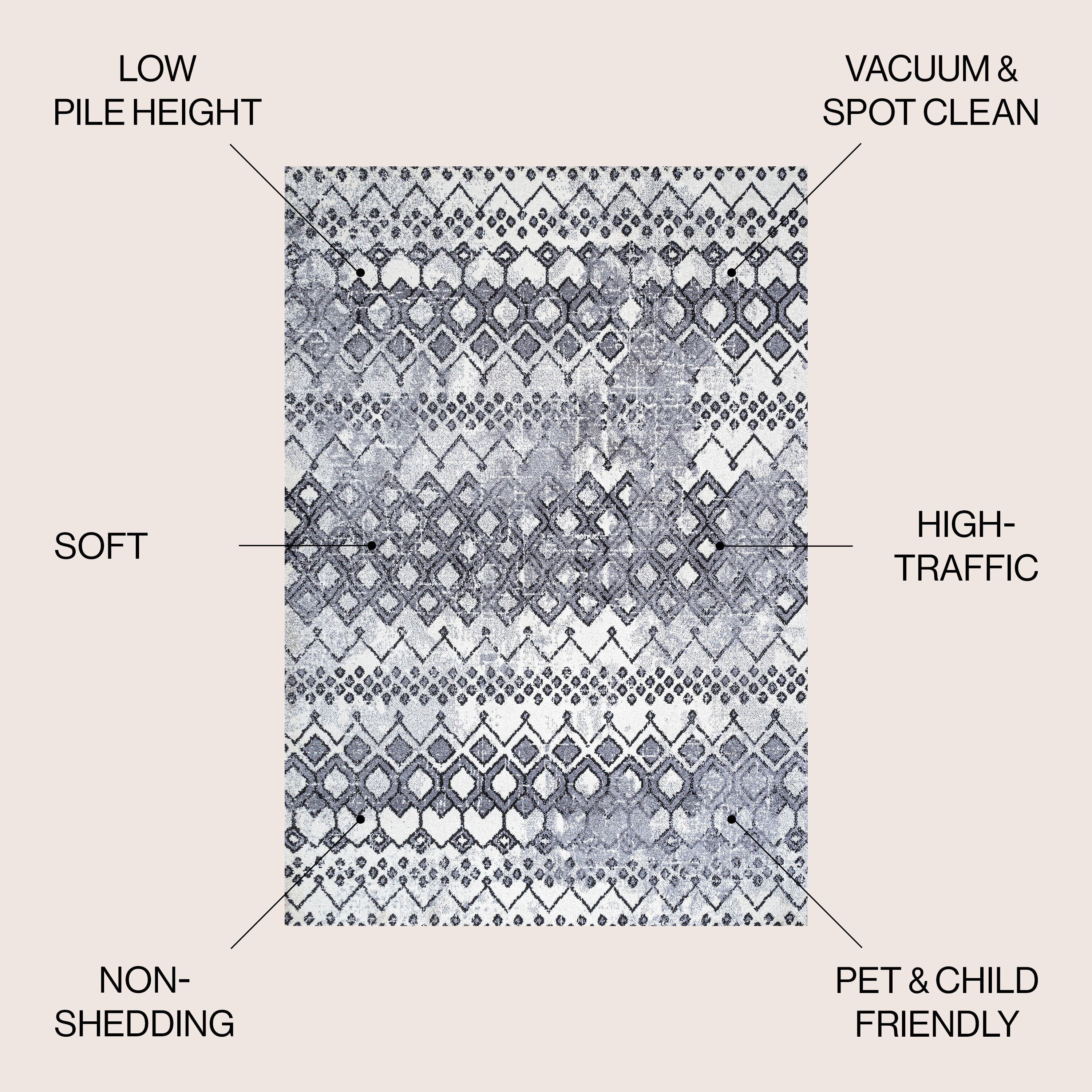 Ivory and Charcoal Moroccan Geometric Distressed Area Rug