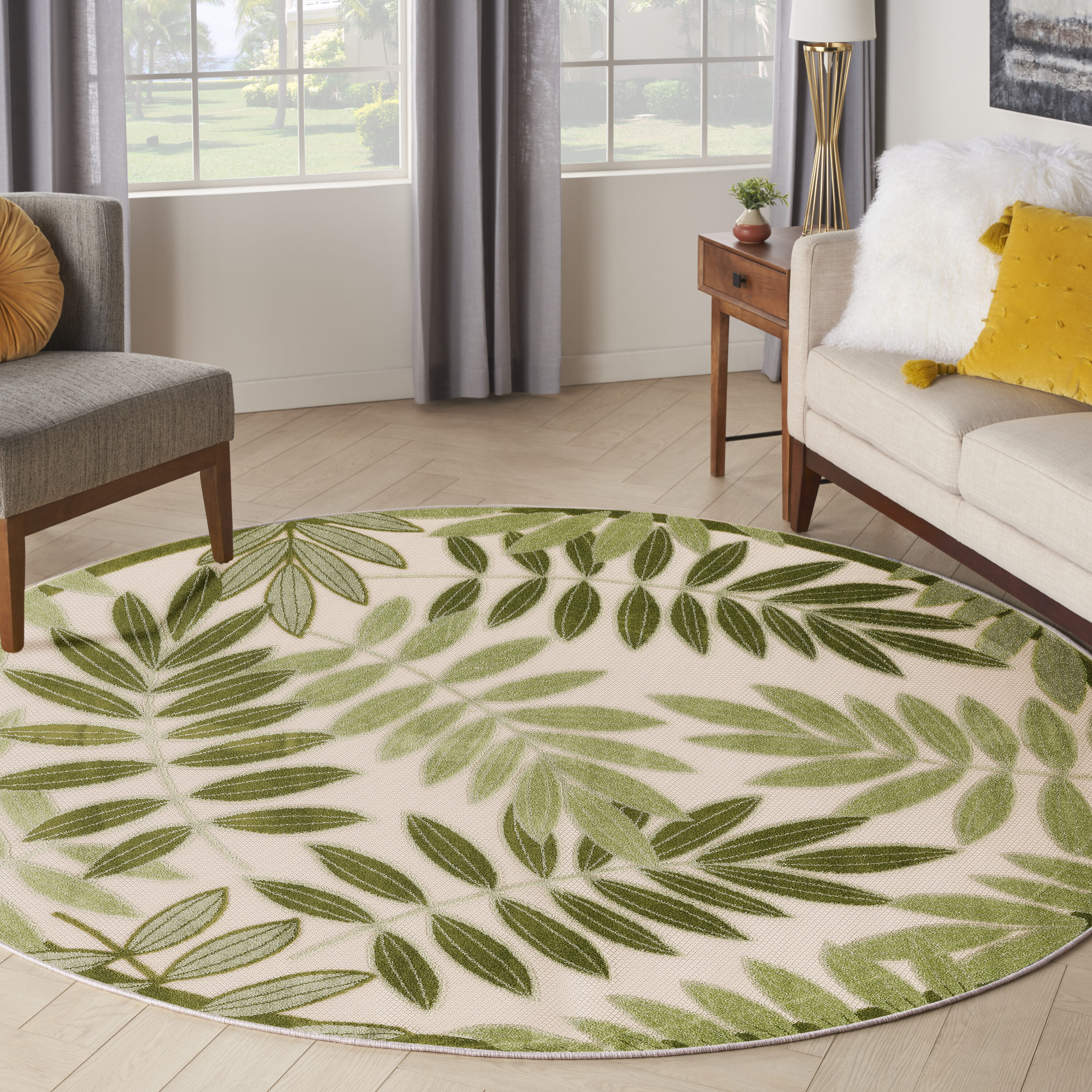 Nourison Home 099446953308 8 x 8 (ft) Loomed Polypropylene Ivory Green Round Indoor/Outdoor Floral/Botanical Tropical Area rug