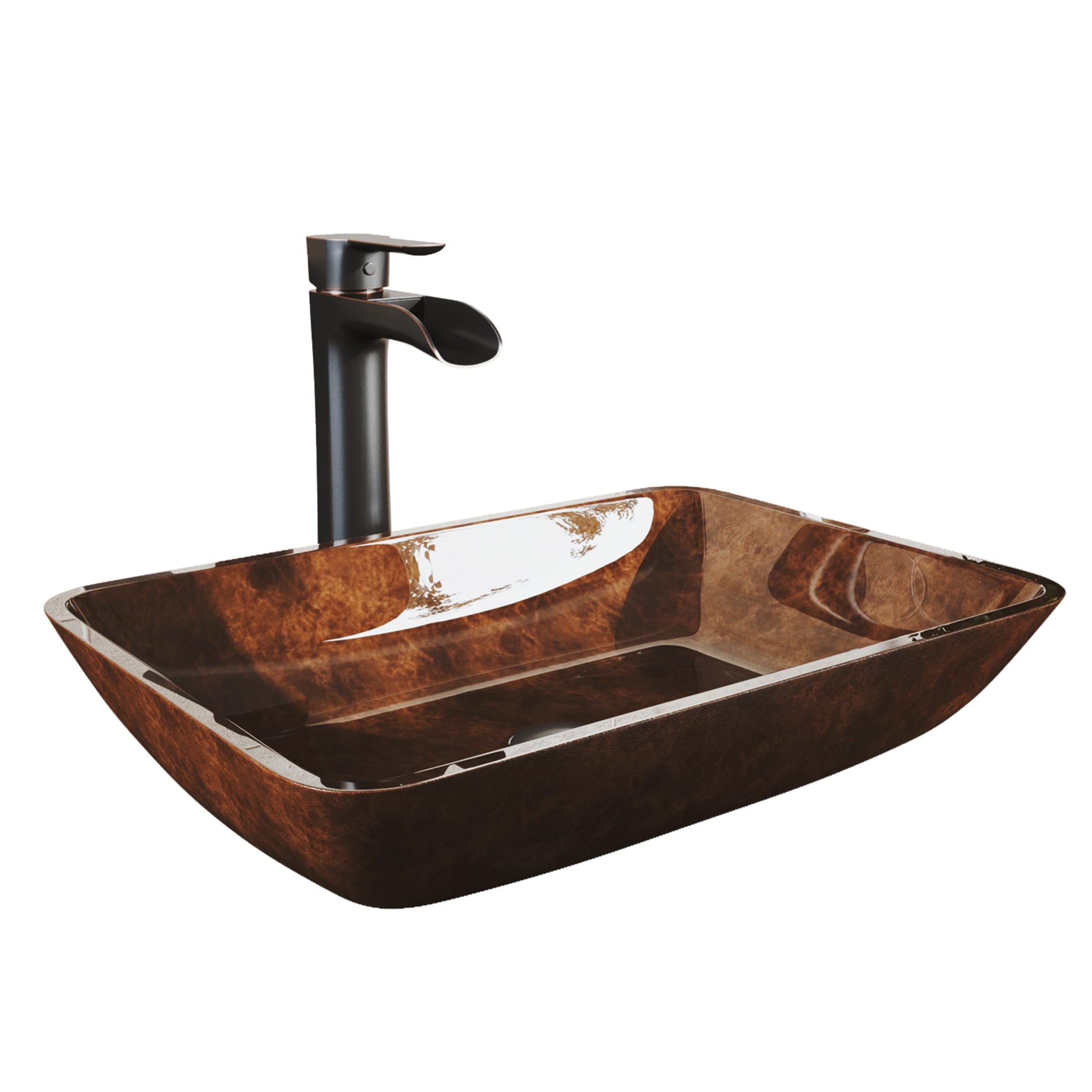 Russet Rectangular Glass Vessel Sink with Antique Bronze Faucet