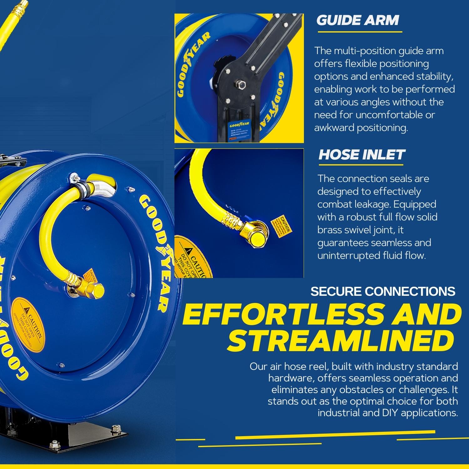 Goodyear Goodyear Industrial Retractable Air Hose Reel- 1/2in X 65ft, 300  Psi Max, 3/8 In Npt Connections, Single Arm in the Air Compressor Hoses  department at