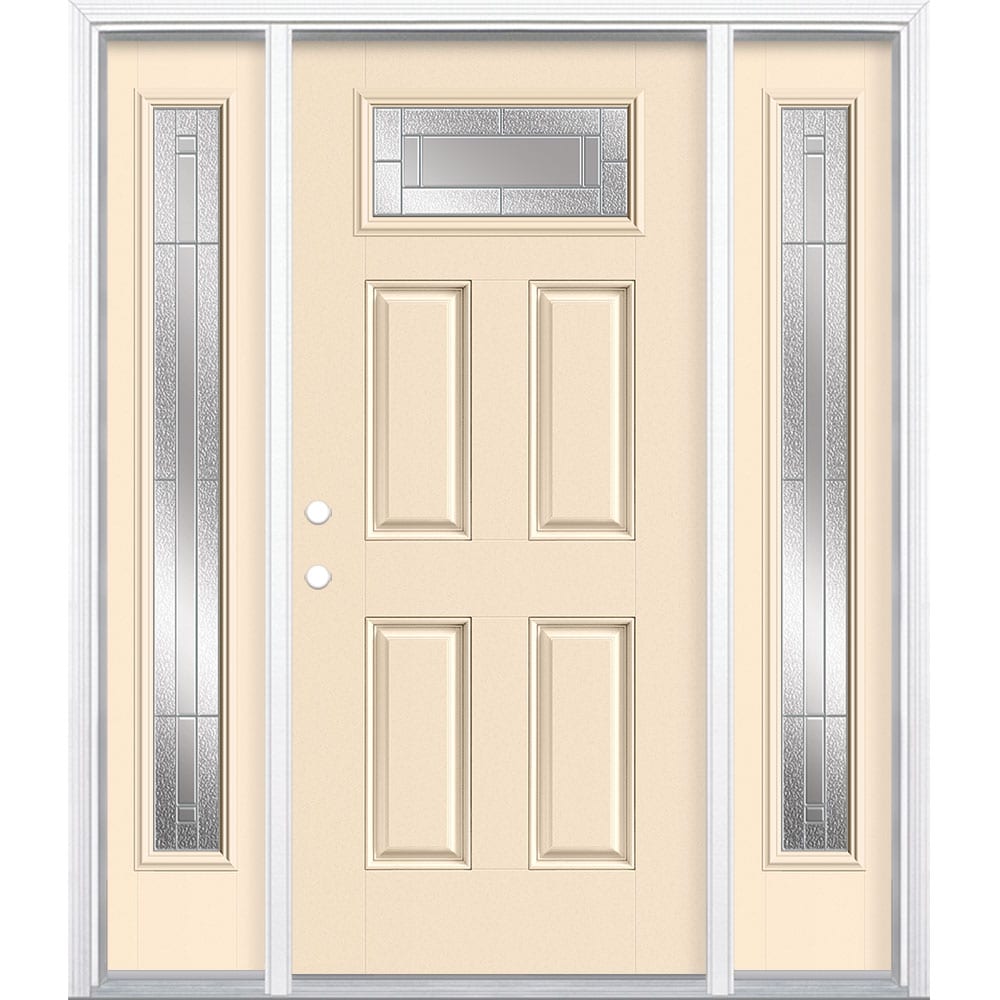 Masonite 3420042 Focus 64-in x 80-in x 4-9/16-in Fiberglass 1/4 lite Right-hand inswing Bisque Painted Prehung Front Door with Sidelights with Brickmould Insulating core