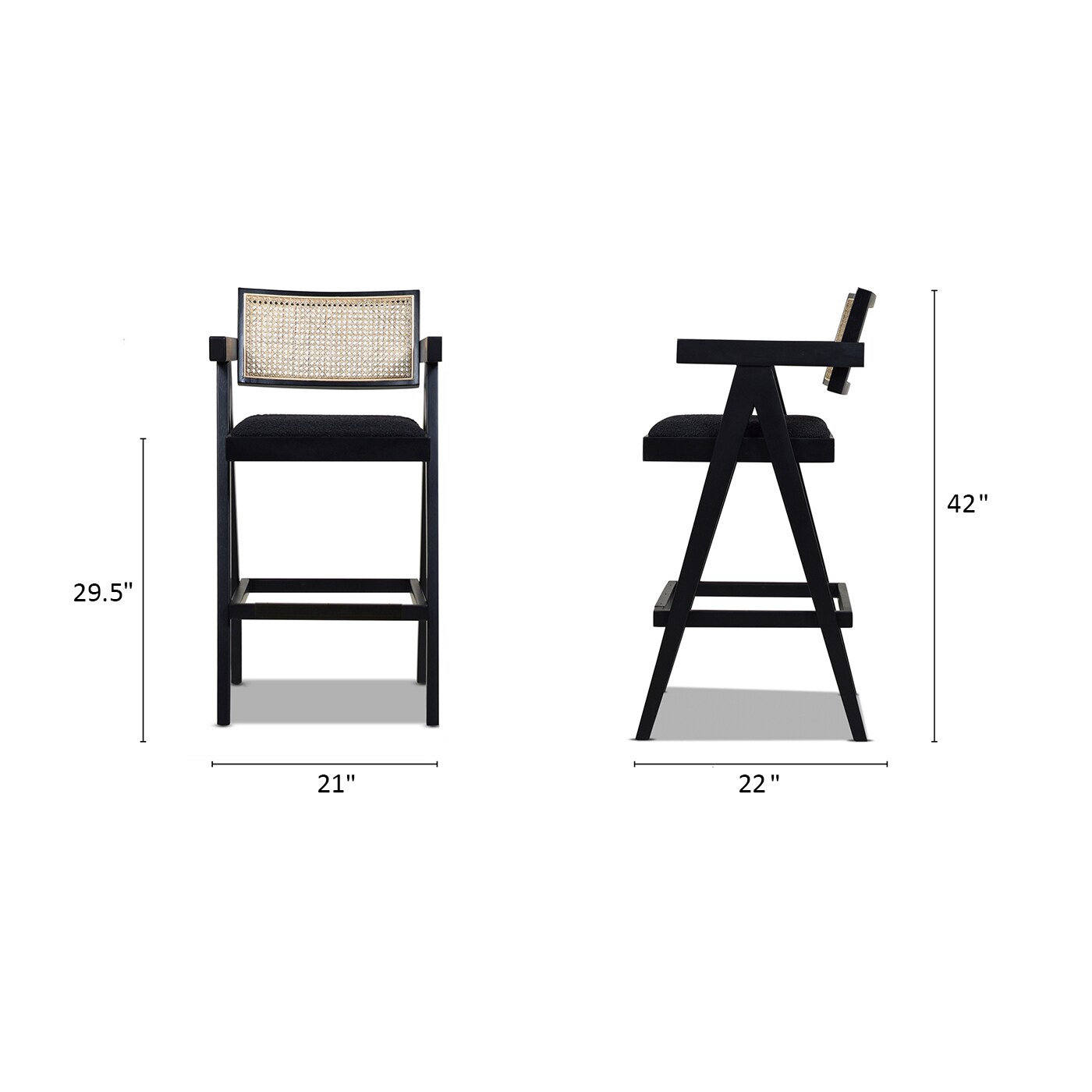 Milan Ebony Black Bouclé & Natural Wood Bar Stool Set of 3