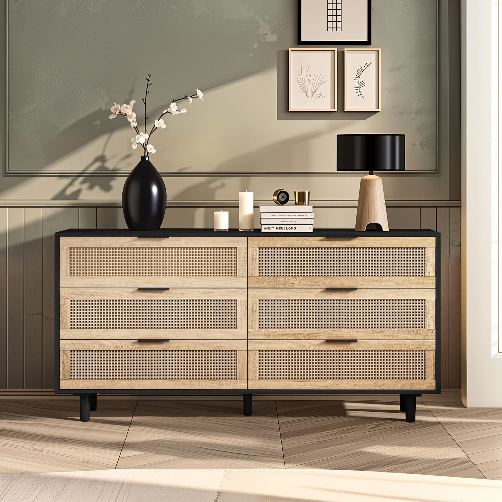 Horizons Prime 59 inch Black Rattan 6-Drawer Dresser with Natural Rattan Drawers and Ample Storage Space