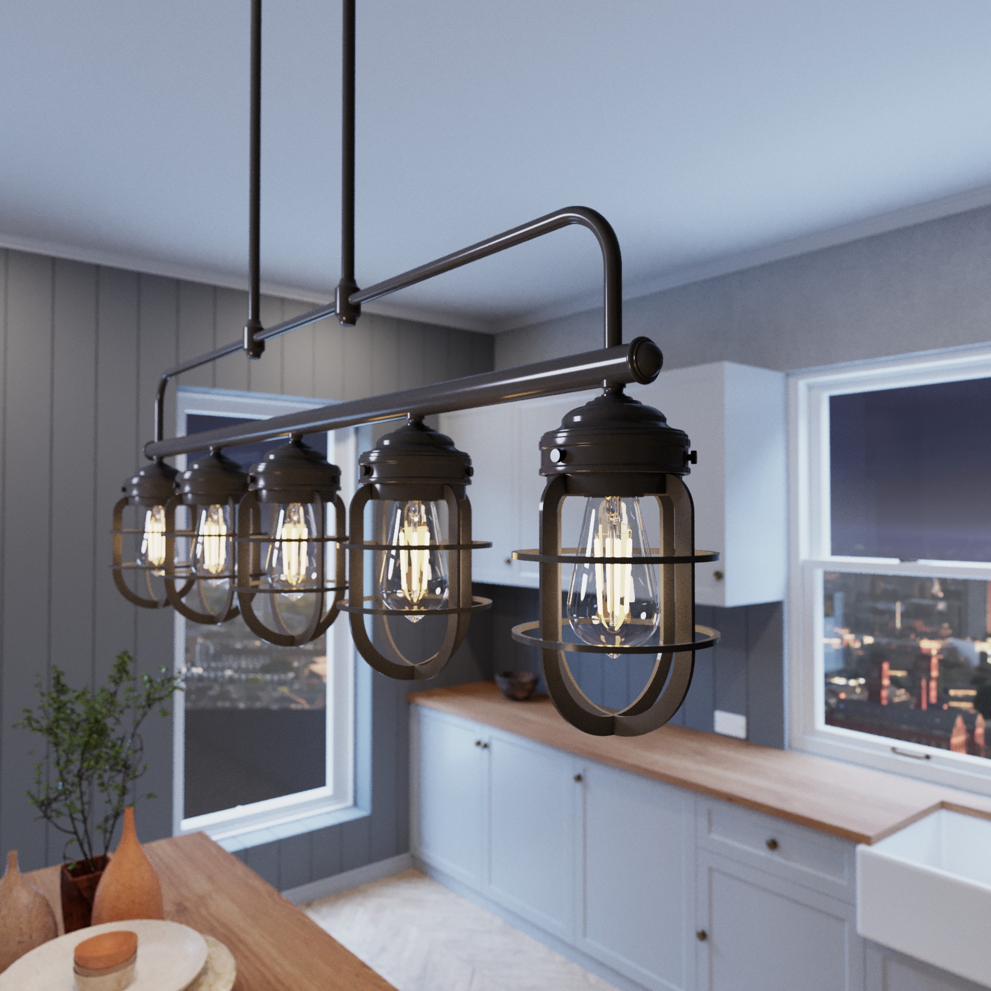 Hunter 19042 Starklake 5 -Light Matte Bronze Industrial Cage For Use in Bathrooms, Bedrooms, Dining Rooms, Foyers, Kitchens, Living Rooms Chandelier