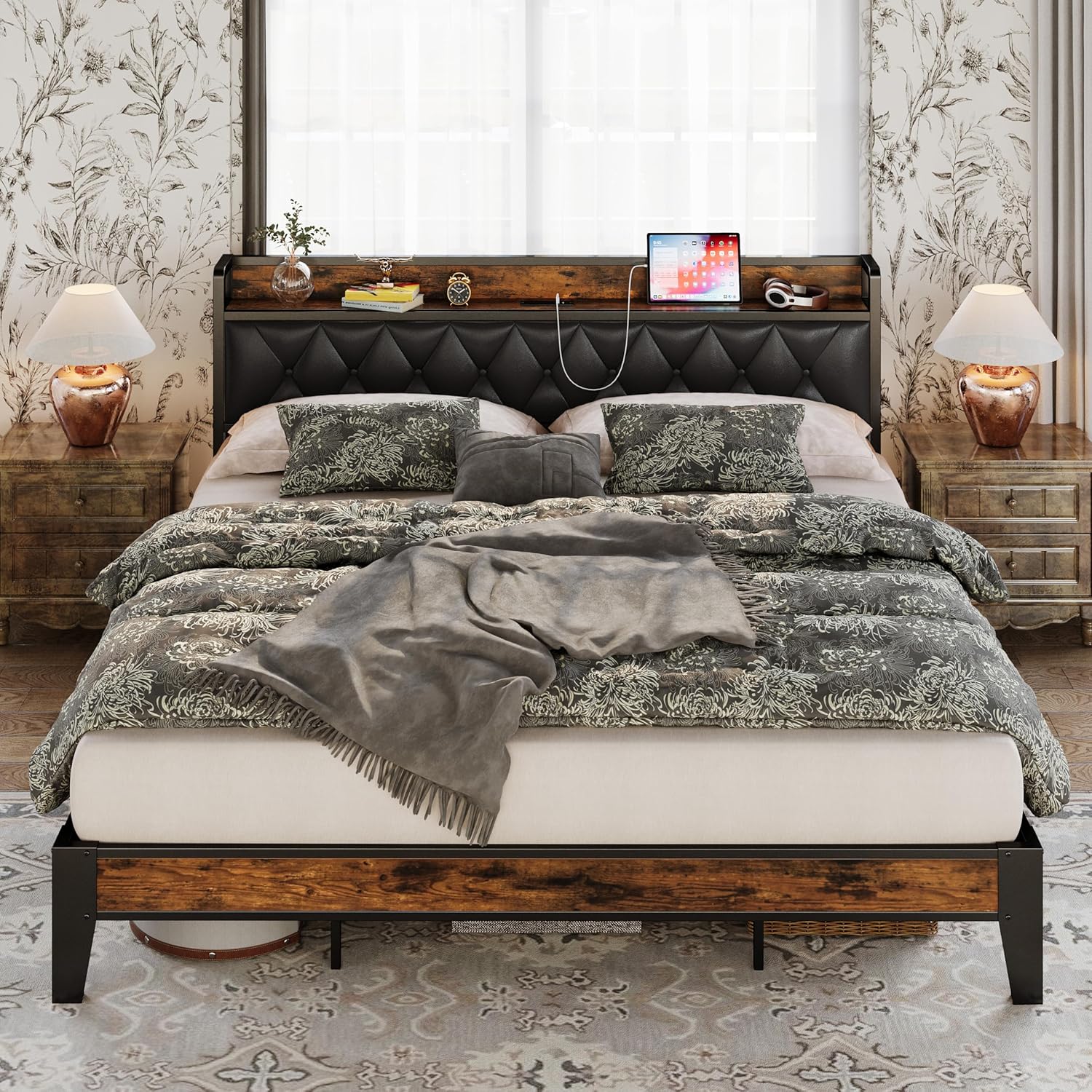 Anctor JUAX9RHHYC1XML8B 78-in W Rustic Brown and Black California King Bed Frame with Storage Headboard and Outlets