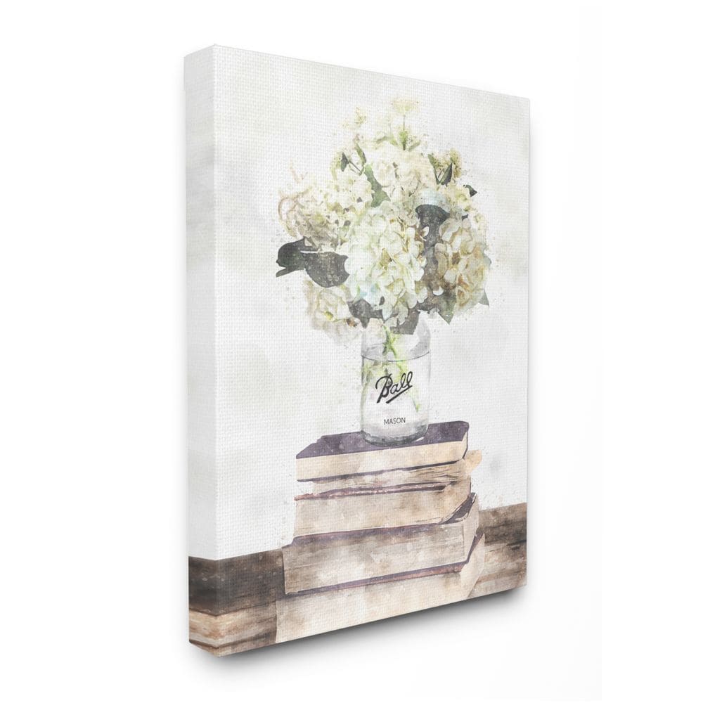 Stupell Industries AB-930-CN-24X30 Vase of White Hydrangeas on Country Bookstack Ziwei Li Gallery Wrapped Canvas 30-in H x 24-in W Floral Canvas Print