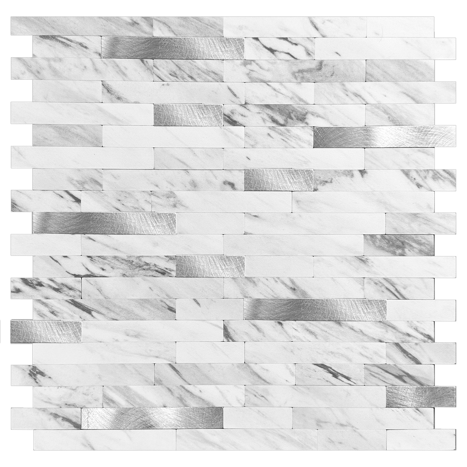 Murella 28109 Metal Carrera Marble with Silver Metal Accents 11-1/2-in x 11-7/8-in Multi-finish Metal Marble Look Linear Mosaic Wall Tile (0.92-sq. ft/ Piece)