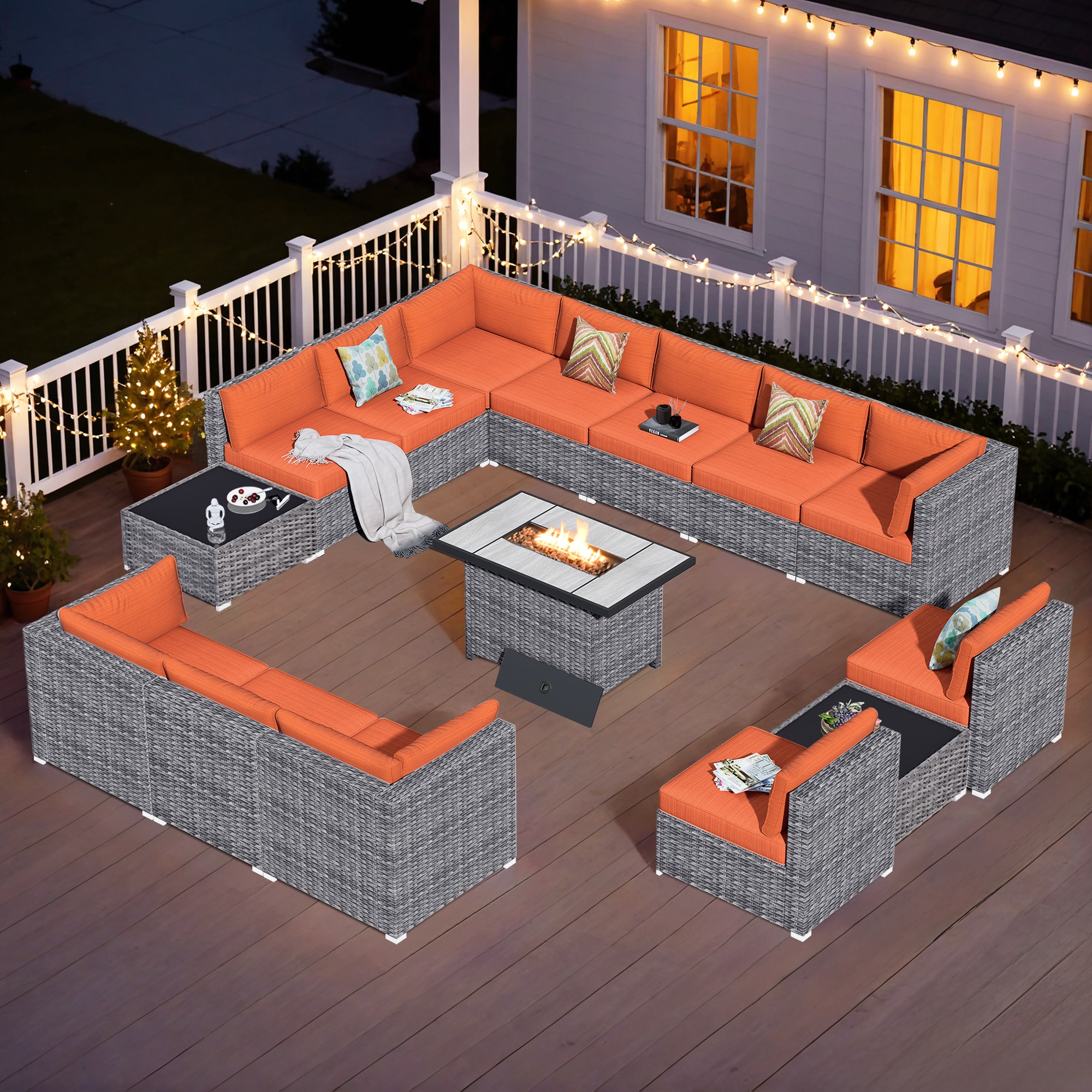 Pouuin SRFPHOP8014 15 -Piece Wicker 2 Patio Sofa Conversation Set with Red Cushions