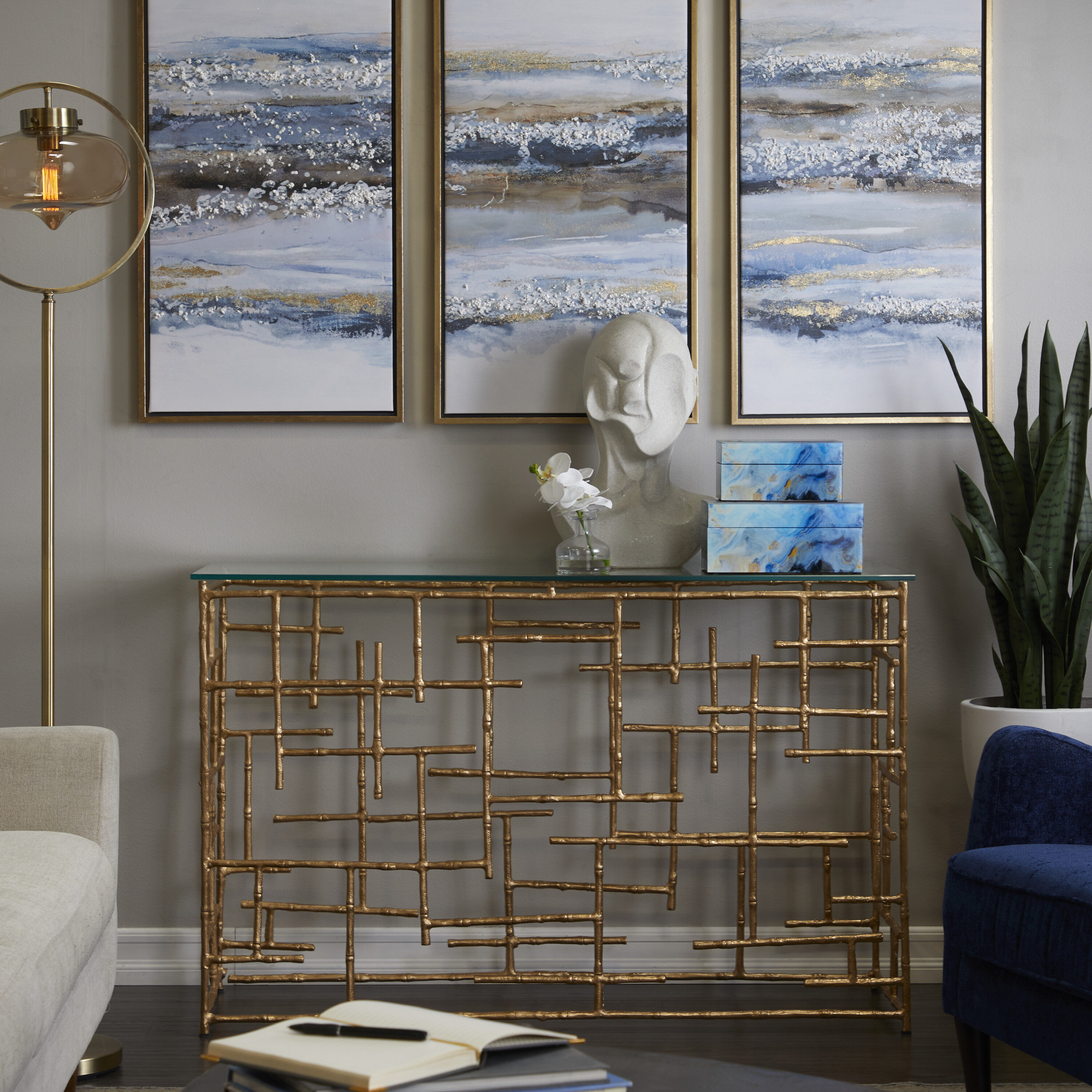 Grayson Lane 59692 Modern 51" Gold Grid Style Frame with Glass Top Console table