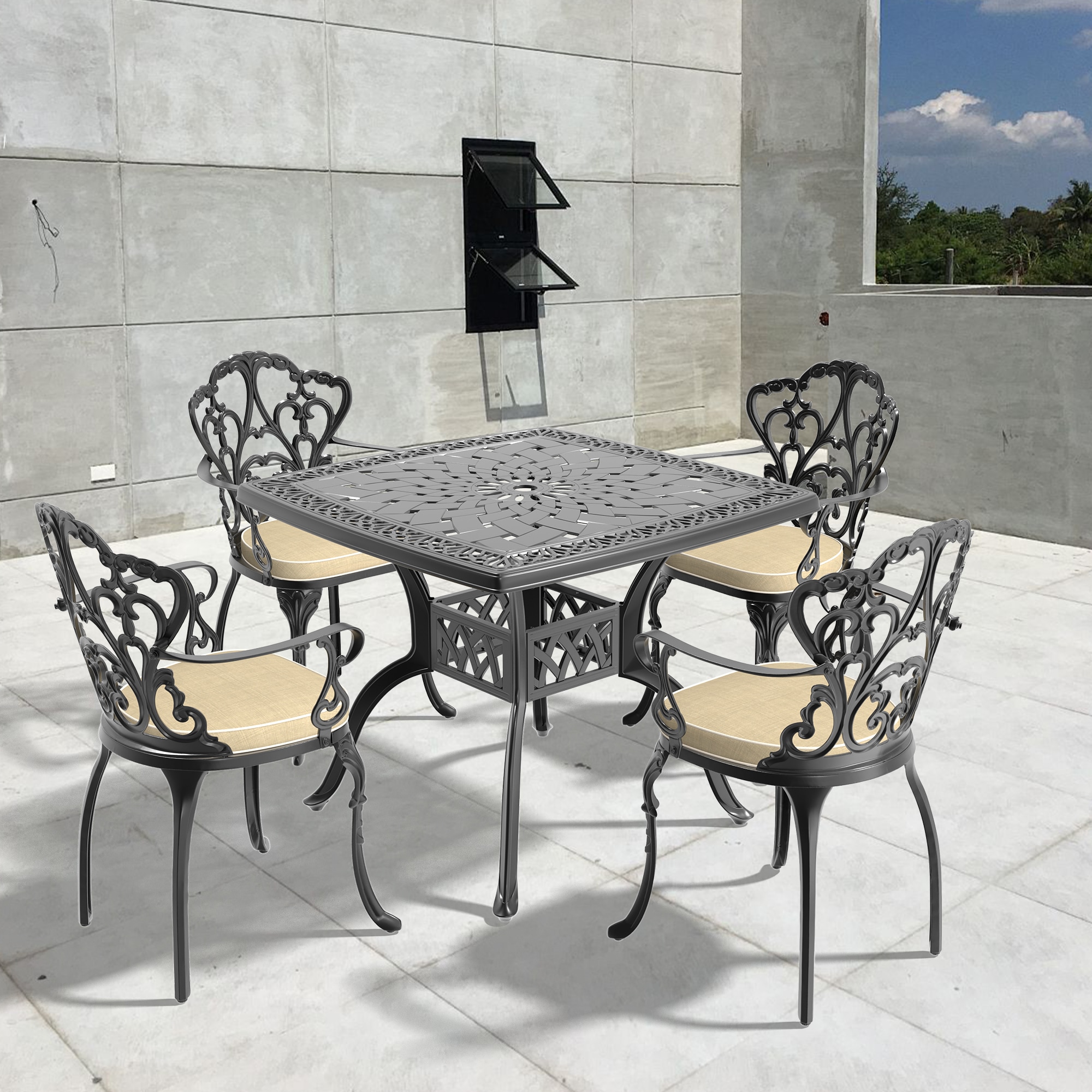 nicesure SLBK6047CZ4A1173RC 5 -Piece Black Patio Dining Set Aluminum Square Table with 4 Cushions Stationary Chairs