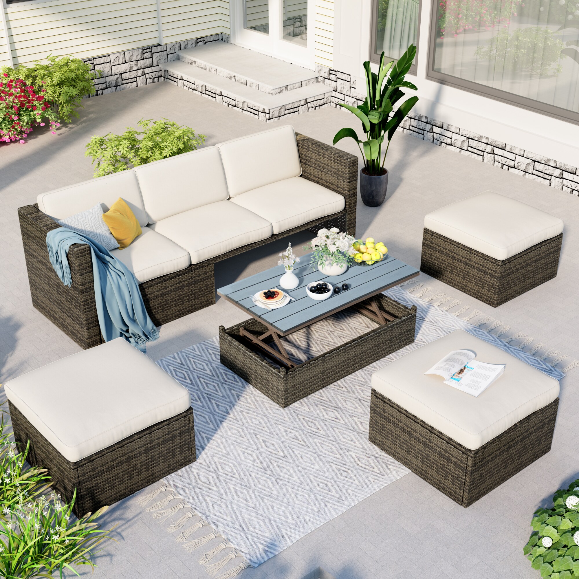 Bayfeve BFUS-217A-PCS 5 -Piece Rattan Patio Sofa Conversation Set with Off-white Cushions