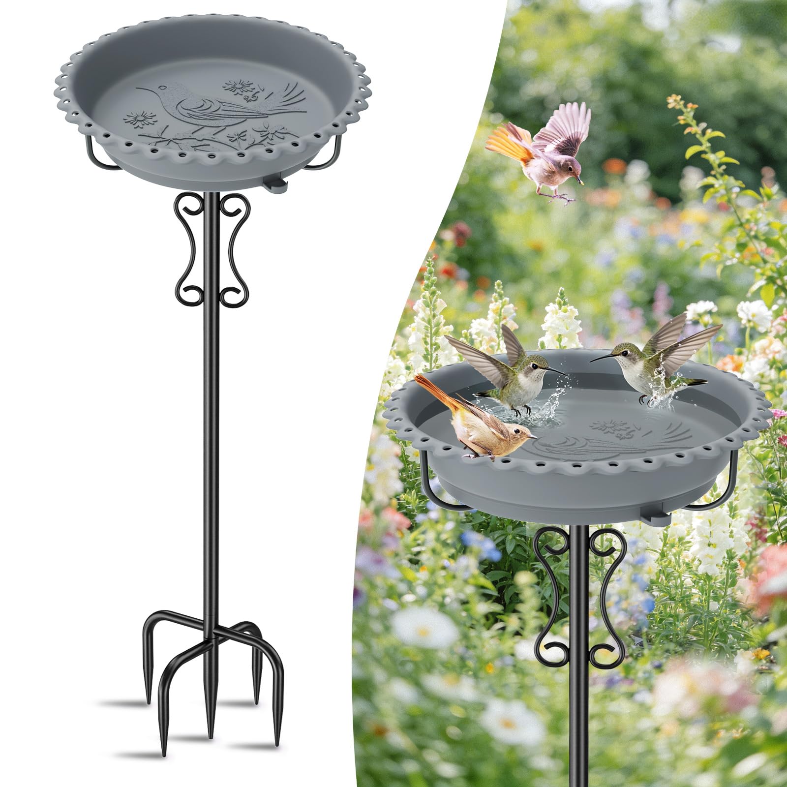 CYIKE -  Freestanding Bird Bath with Stable Metal Stake and Rustproof Plastic Bowl for Garden Pat...