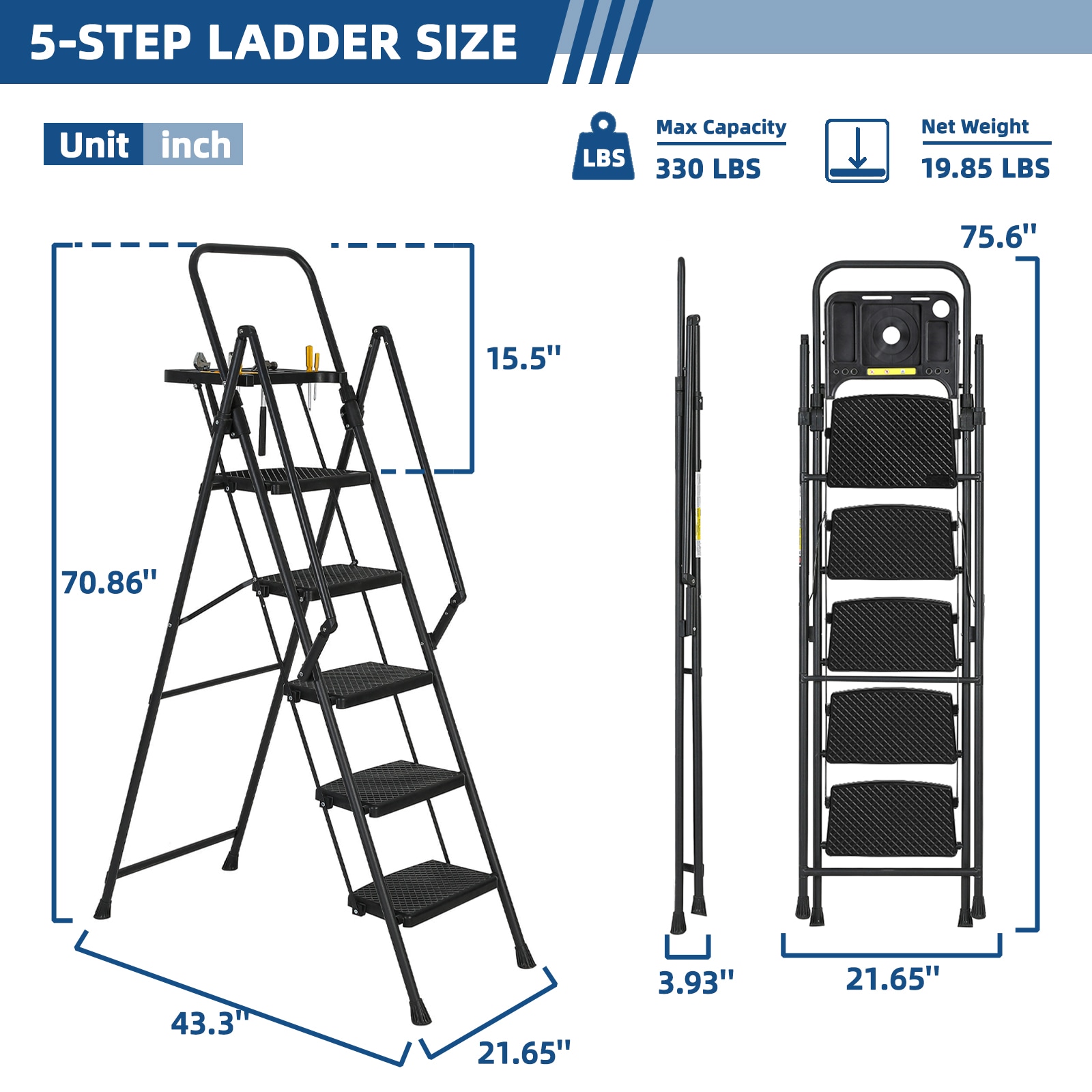Maocao Hoom 5-Step Folding Step Ladder with Handrail Tool Tray 5 -Step ...