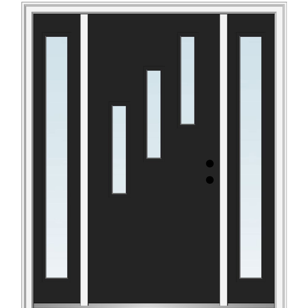 MMI DOOR ZZ349483L 64-in x 80-in x 6-9/16-in Fiberglass 3/4 lite Left-hand inswing Black Painted Prehung Front Door with Sidelights with Brickmould Insulating core