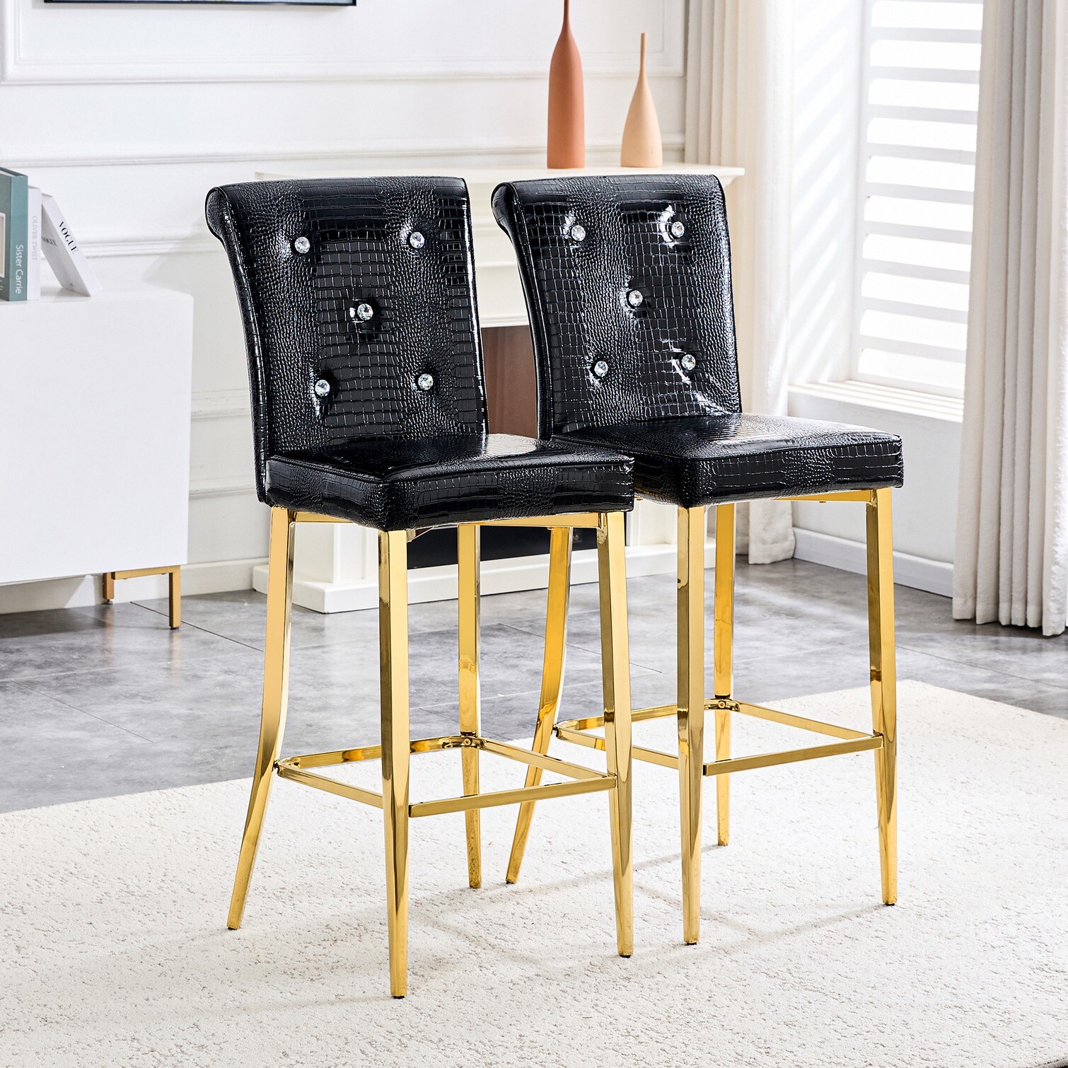 chillscreamni Deep Black Faux Alligator Bar Chair Set of 2 with Crystal ...