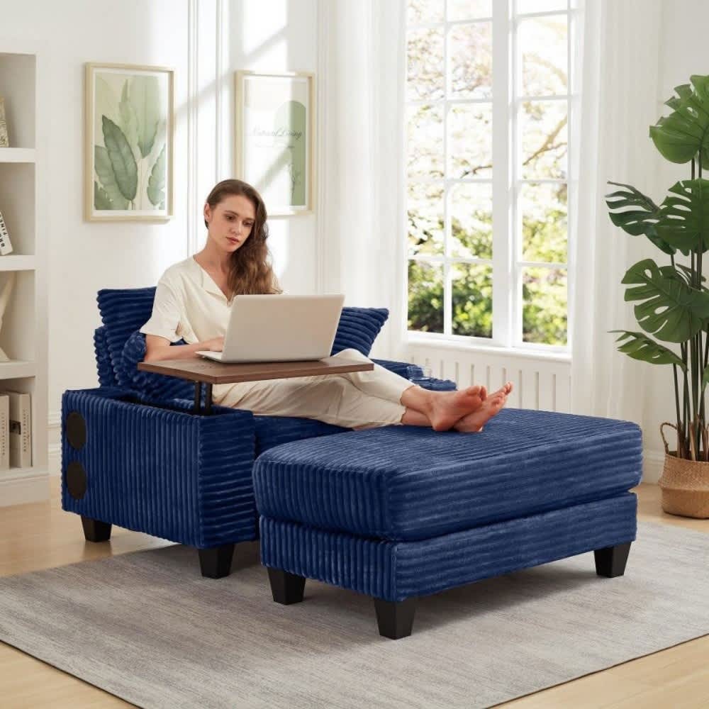 Coolbibila Single Blue Corduroy Sofa Chair with Ottoman Bluetooth Speaker and Rotating Table for Living Room