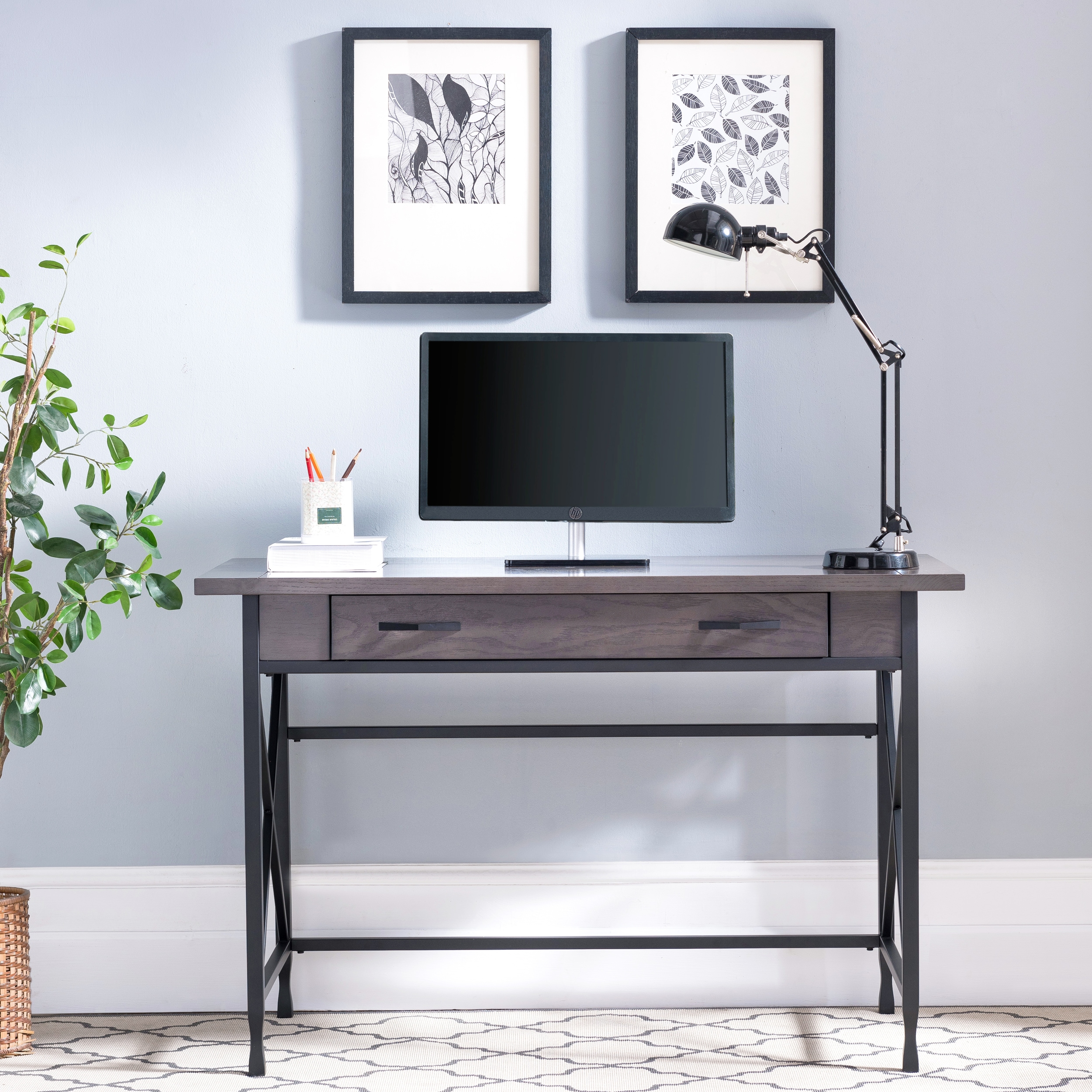 Chisel & Forge Oak Desk with Drawer in Smoke Gray and Matte Black