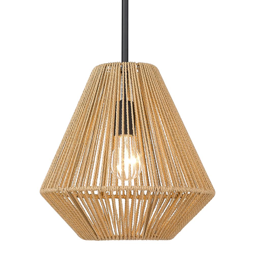 Matte Black and Natural Raphia Rope Medium Pendant Light