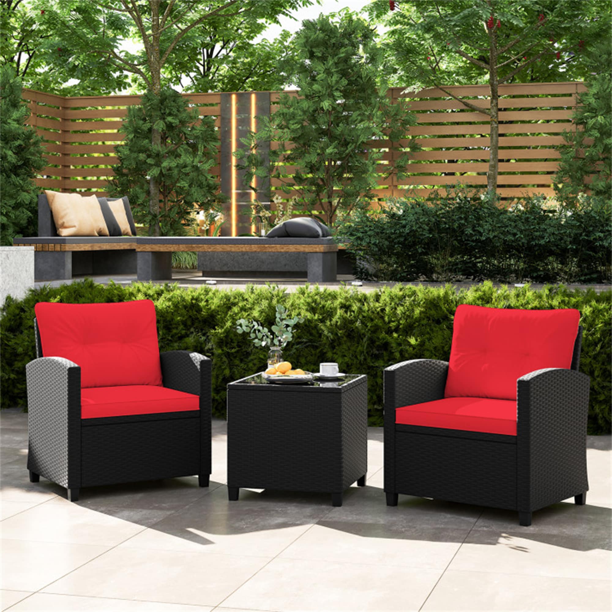 BABOOM BOM-72392RE-CO 3 -Piece Rattan Patio Conversation Set with Red Cushions