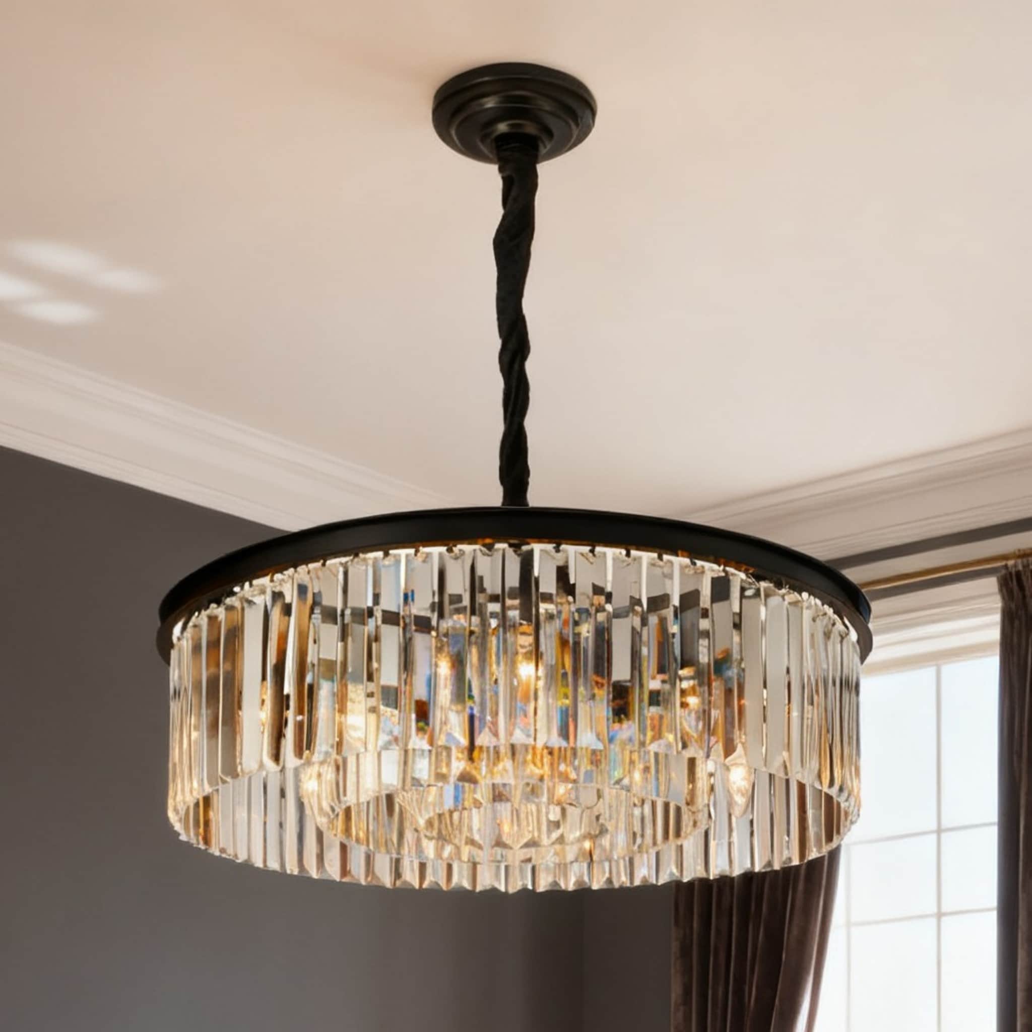 EFPERFECT 9 Light Black and Crystal Round Chandelier with Adjustable Chain Modern Glam Pendant for Dining Room or Entryway